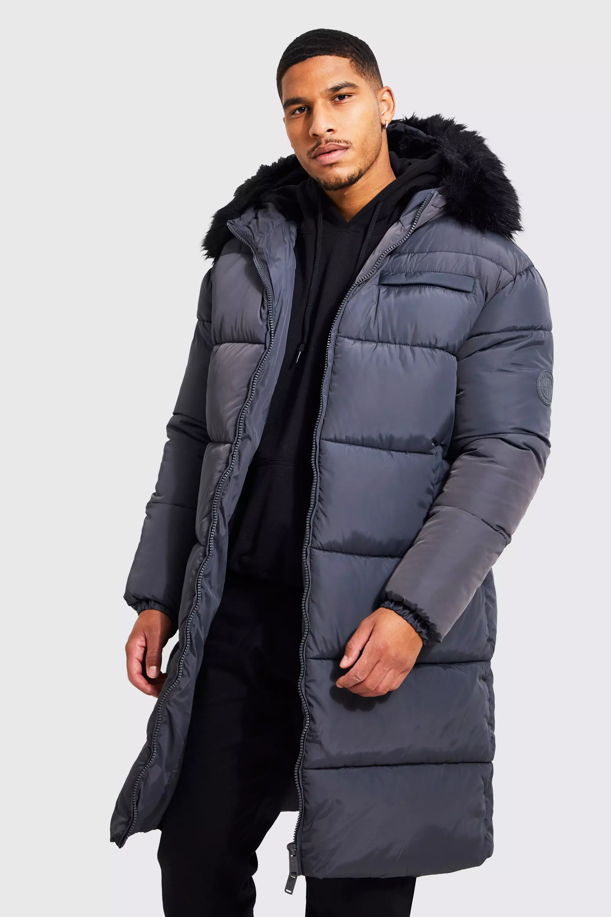 Tall Longline Faux Fur Hooded Puffer boohooMAN