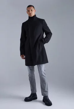 Tall Funnel Neck Wool Look Overcoat Black