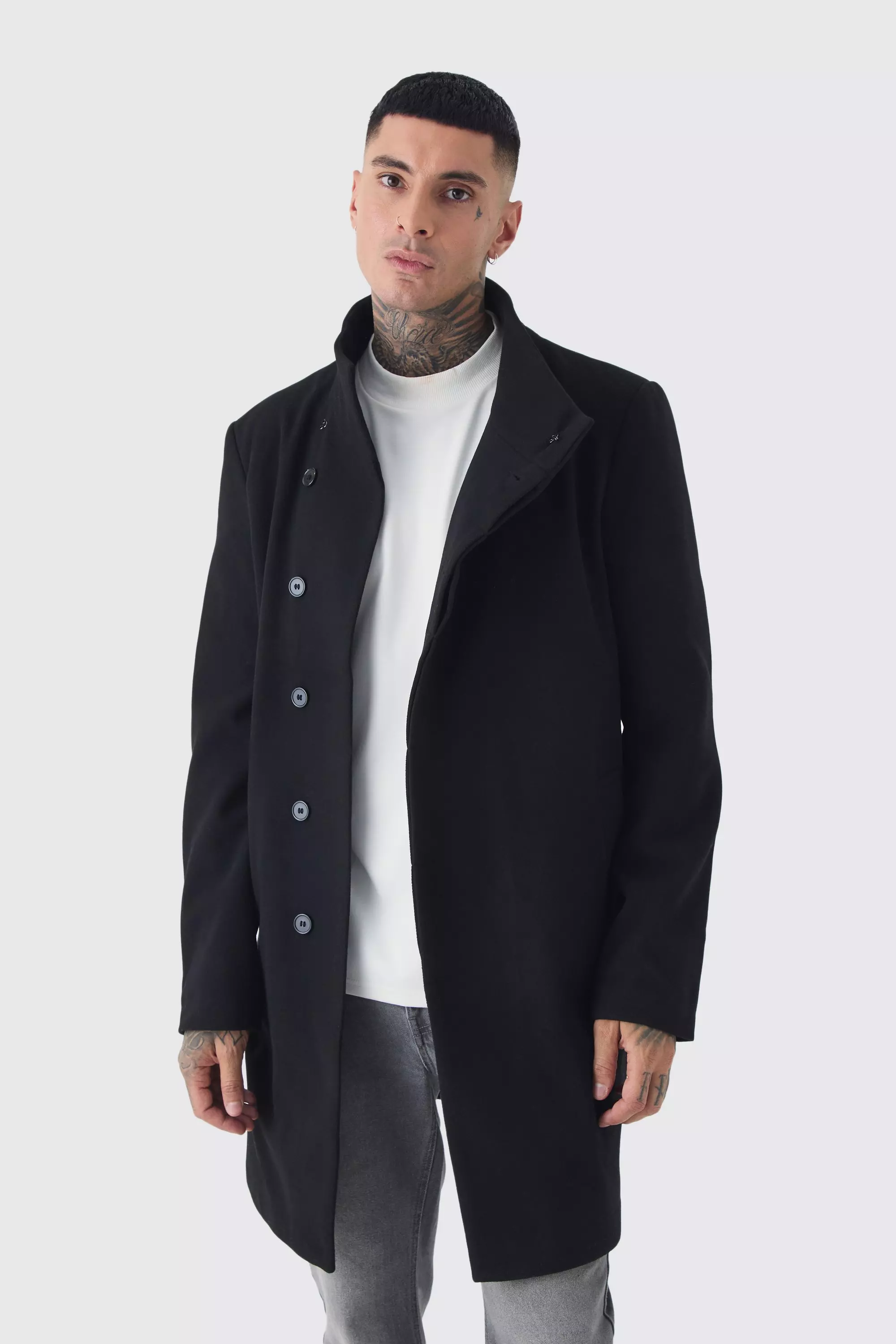 Mens Tall Funnel Neck Wool Look Overcoat in Black