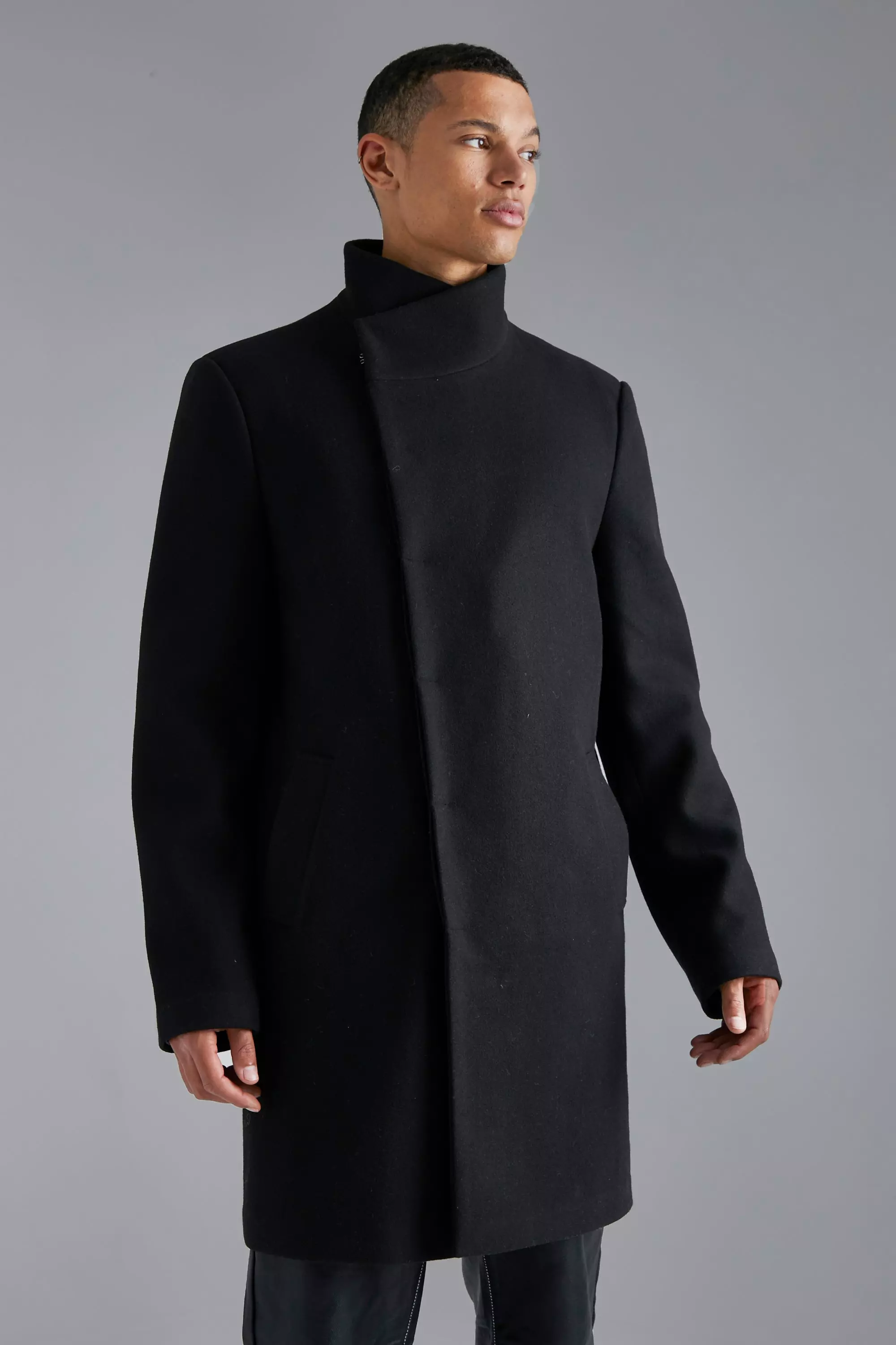 Black wool funnel neck coat online