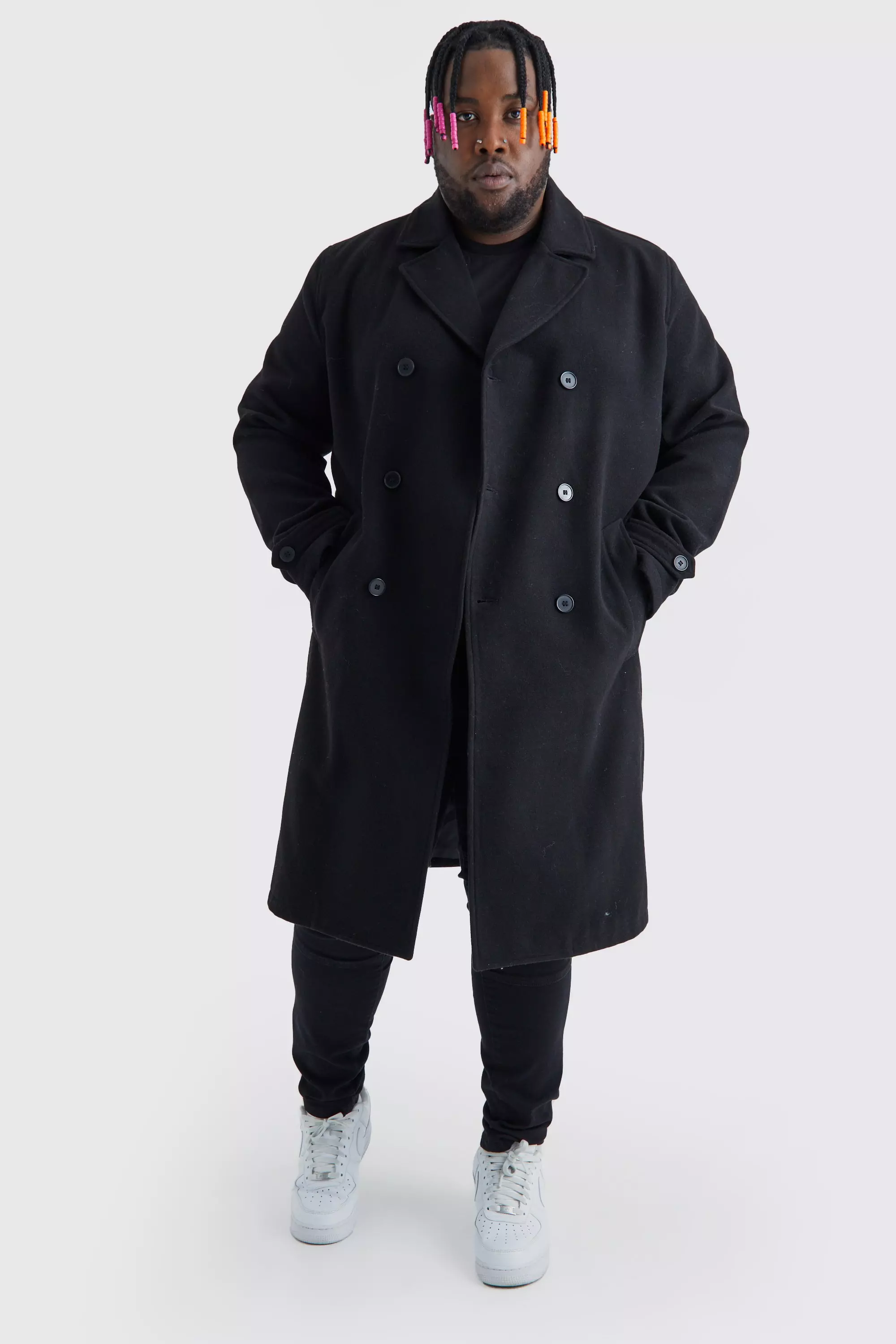 Black Plus Double Breasted Wool Look Overcoat in Black