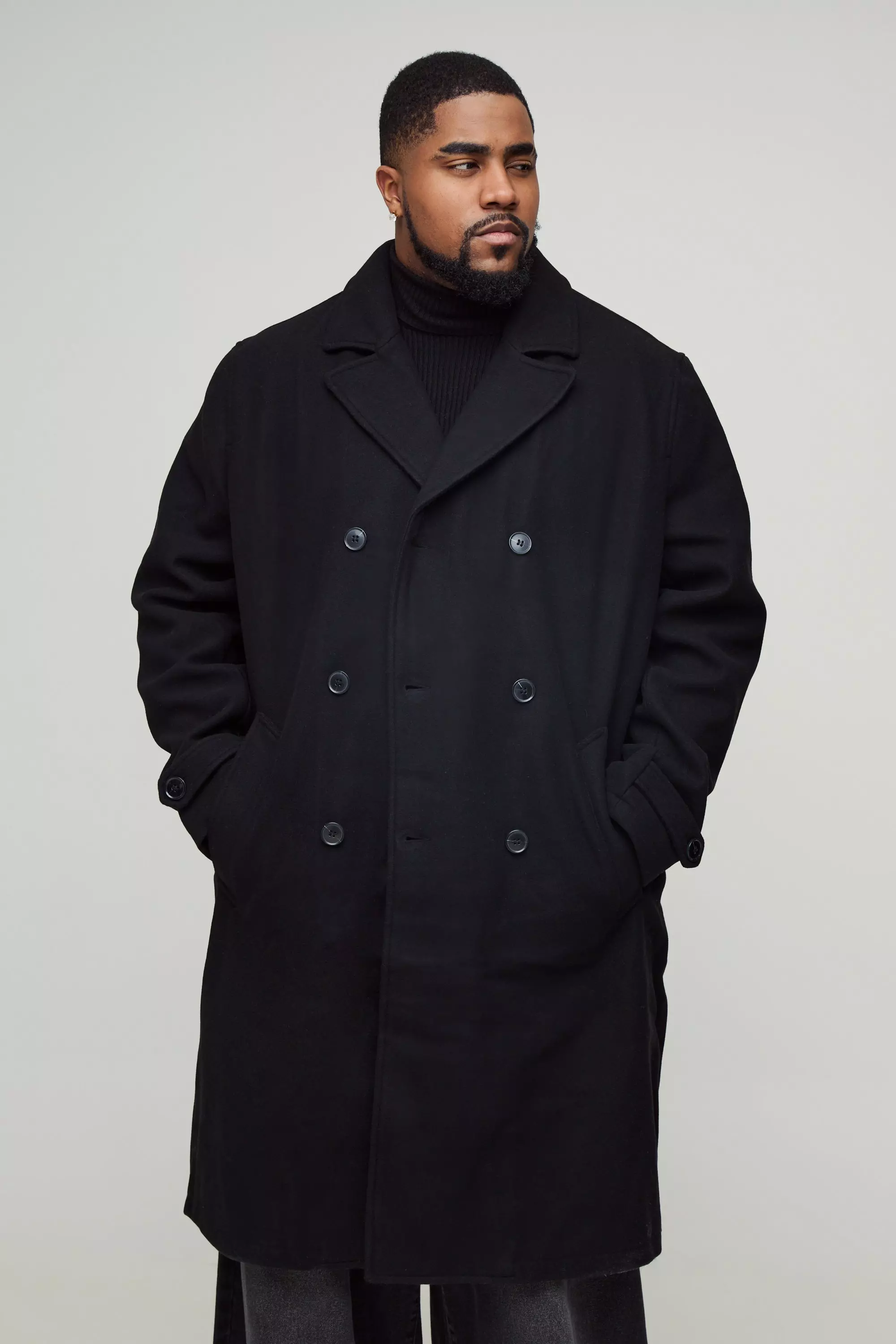 Black Plus Double Breasted Wool Look Overcoat in Black