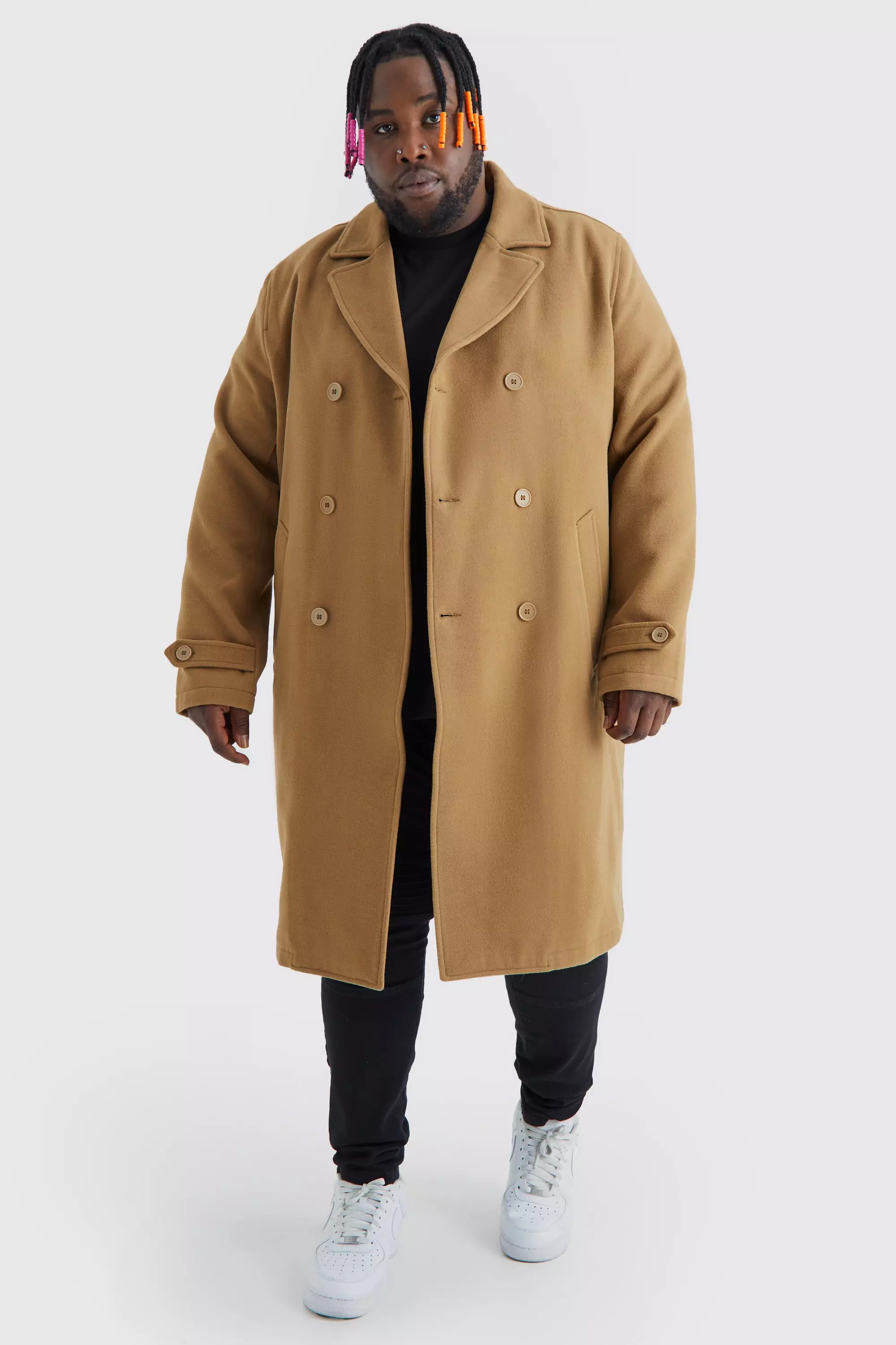 Plus Double Breasted Wool Look Overcoat boohooMAN UK