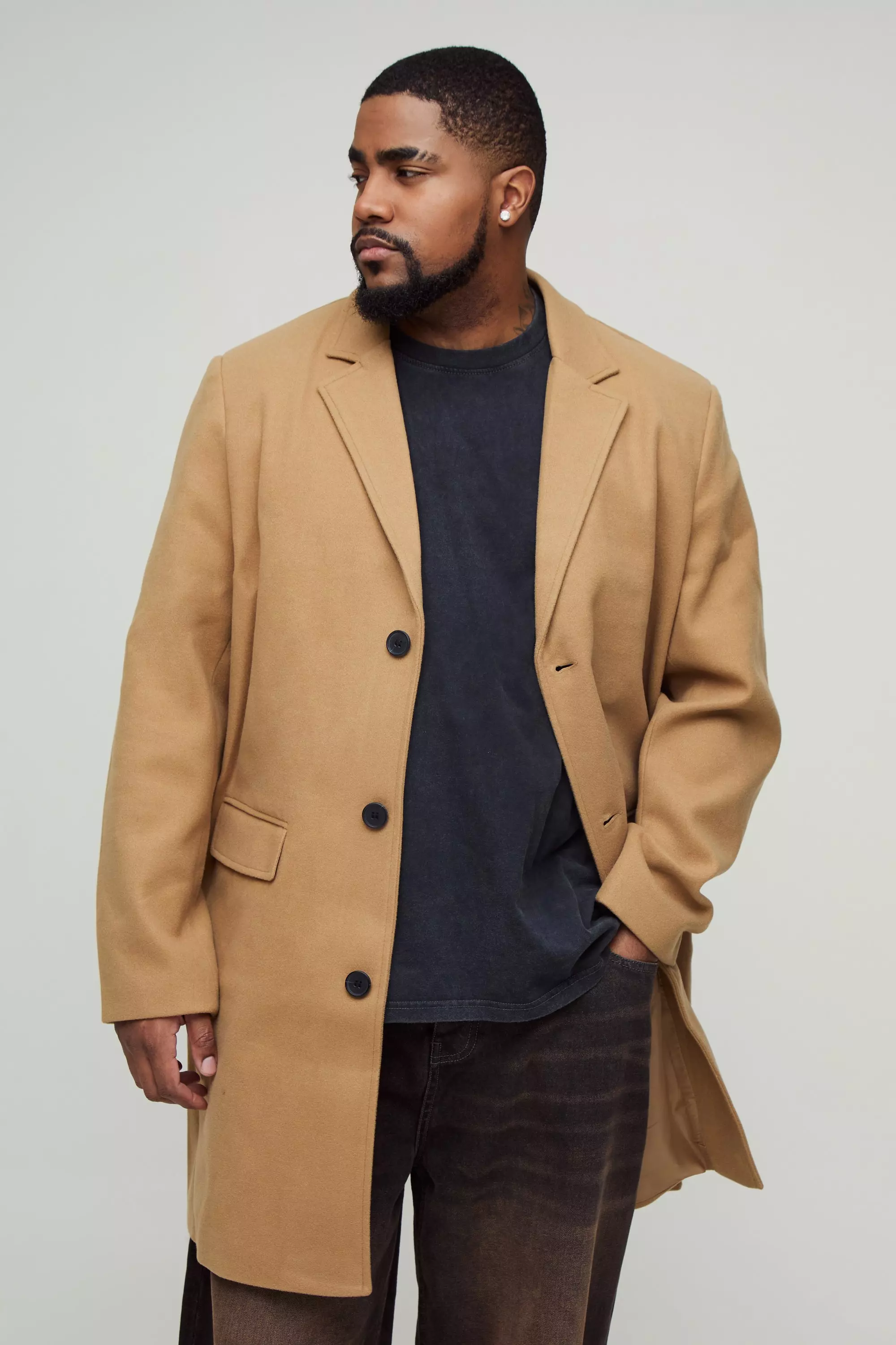 Beige Plus Single Breasted Wool Look Overcoat in Camel