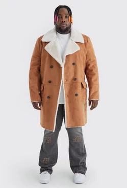 Brown Plus Borg Lined Double Breasted Overcoat in Tan