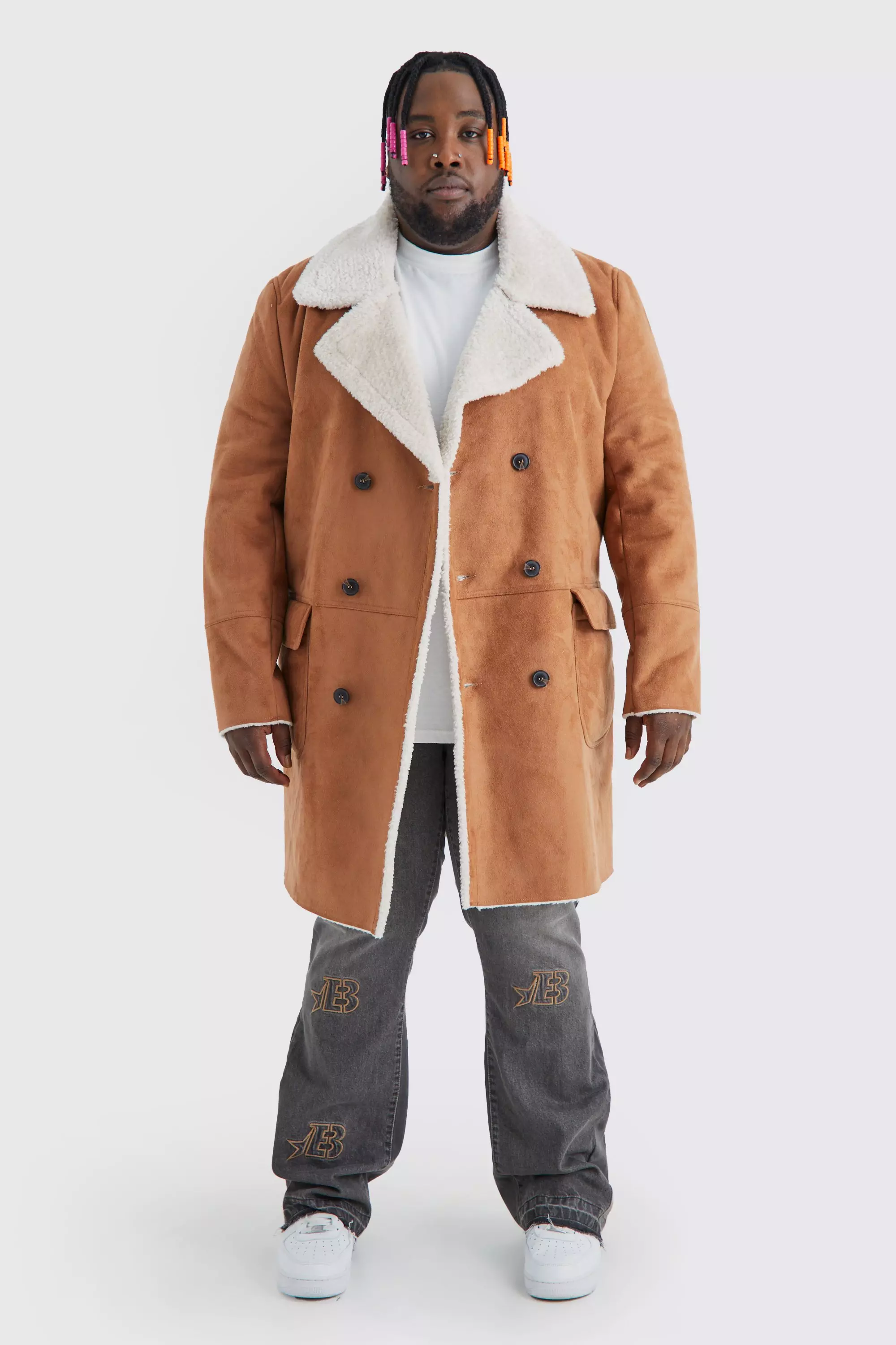 Mens Plus Borg Lined Double Breasted Overcoat in Tan Brown