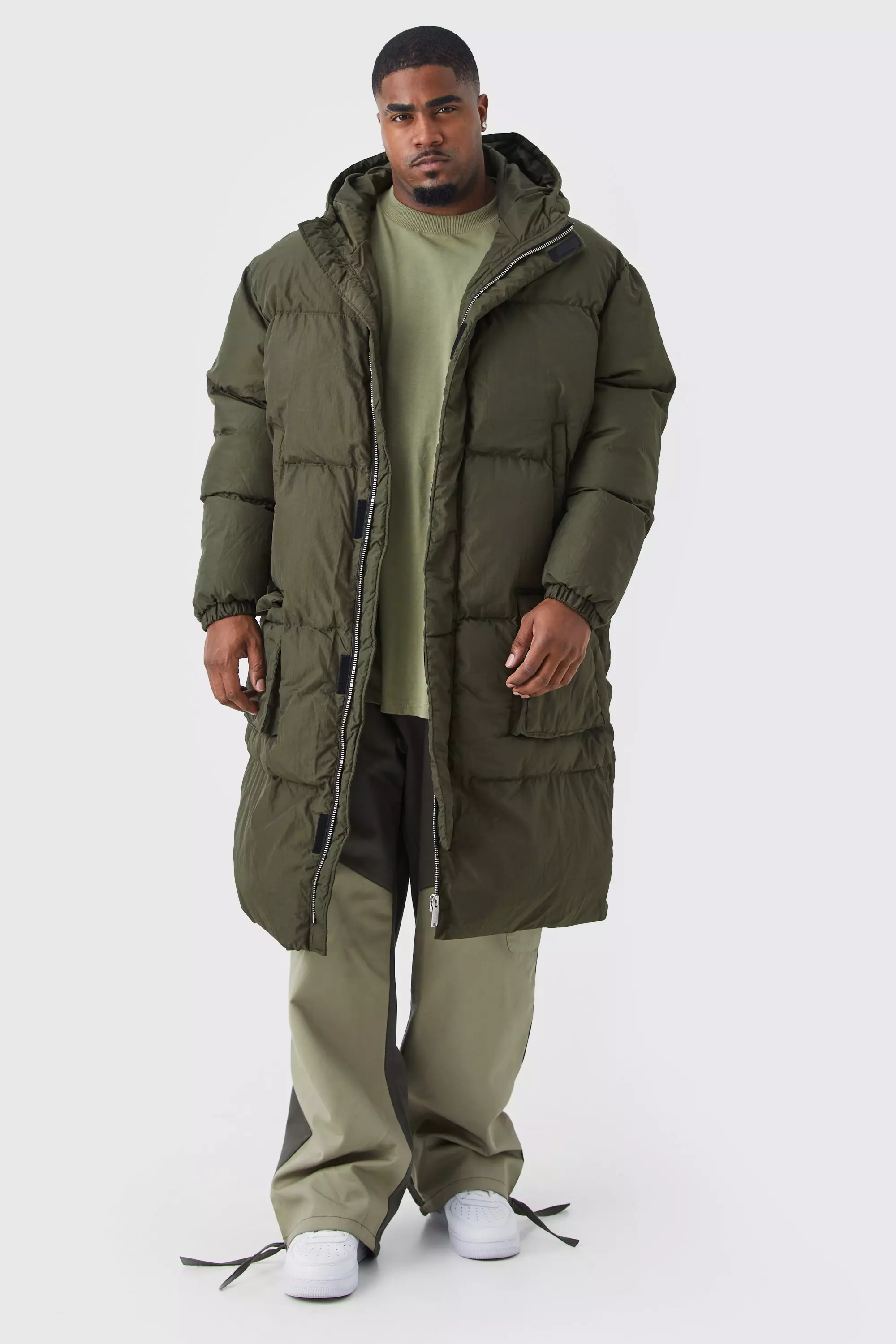 Khaki Plus 4 Pocket Longline Hooded Puffer Jacket in Khaki