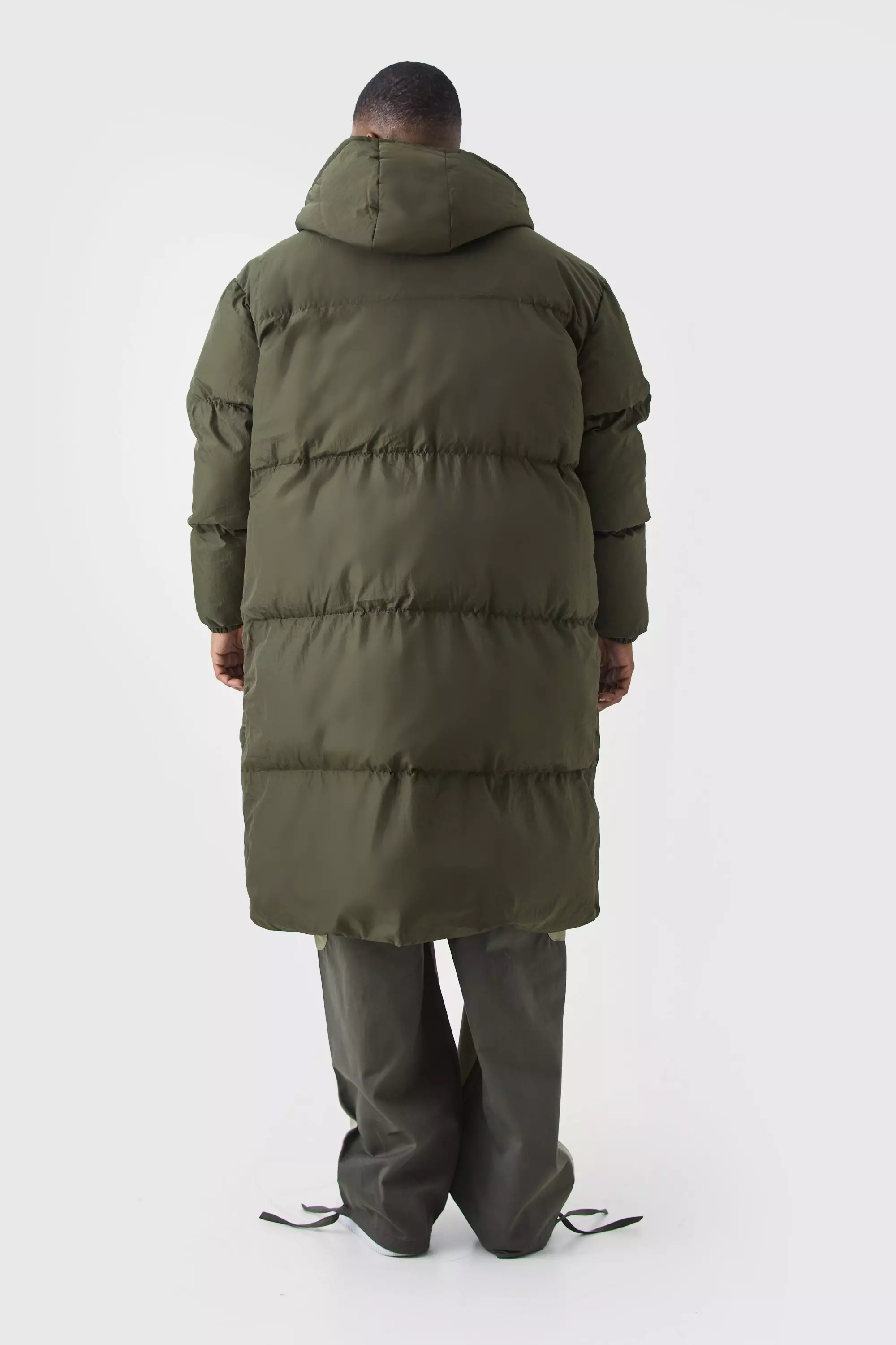 Plus 4 Pocket Longline Hooded Puffer Jacket in Khaki