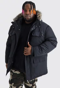 Black Plus Faux Fur Hooded Arctic Parka Jacket in Black