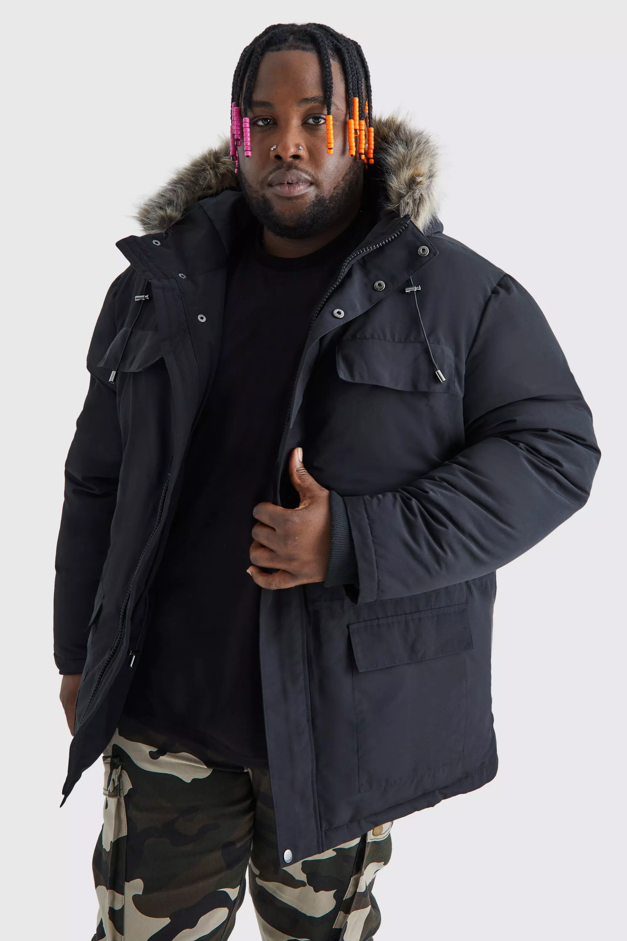 Men s Plus Size Faux Fur Hooded Arctic Parka Jacket in Black