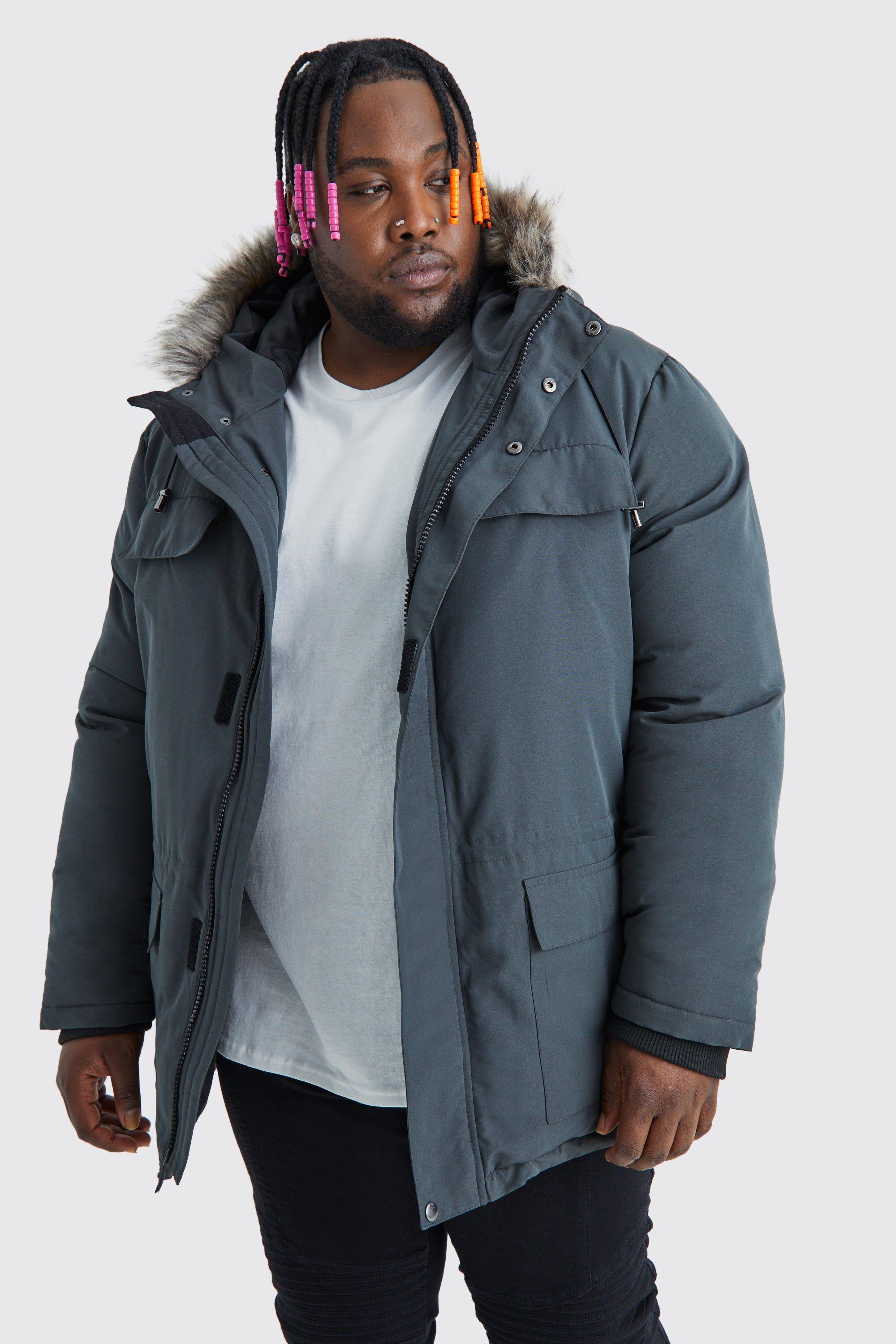 Plus Faux Fur Hooded Arctic Parka Jacket in Charcoal boohooMAN UK