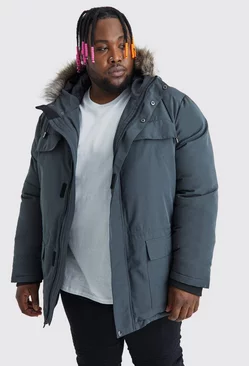 Grey Plus Faux Fur Hooded Arctic Parka Jacket in Charcoal