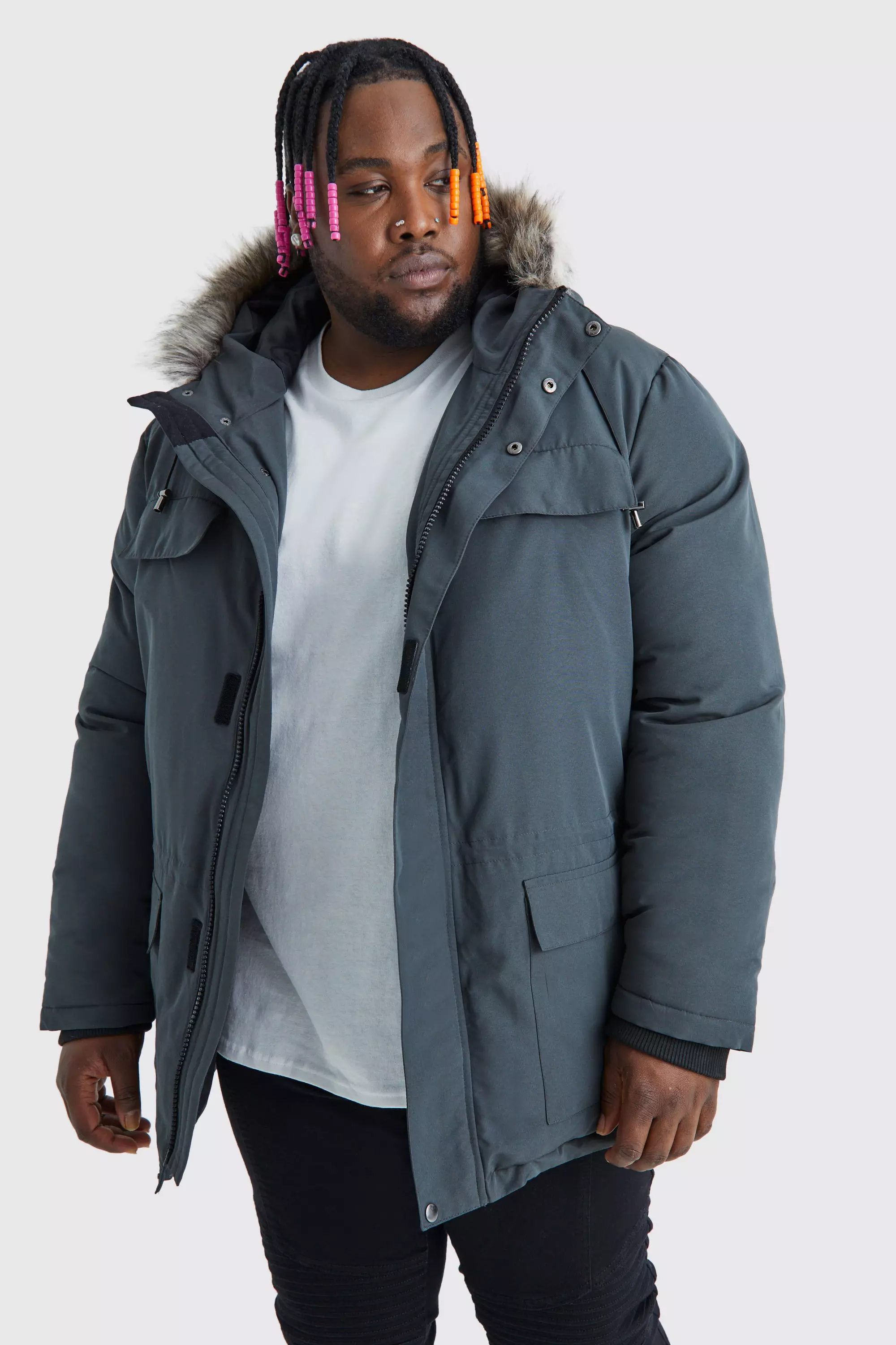 Plus Faux Fur Hooded Arctic Parka Jacket in Charcoal boohooMAN