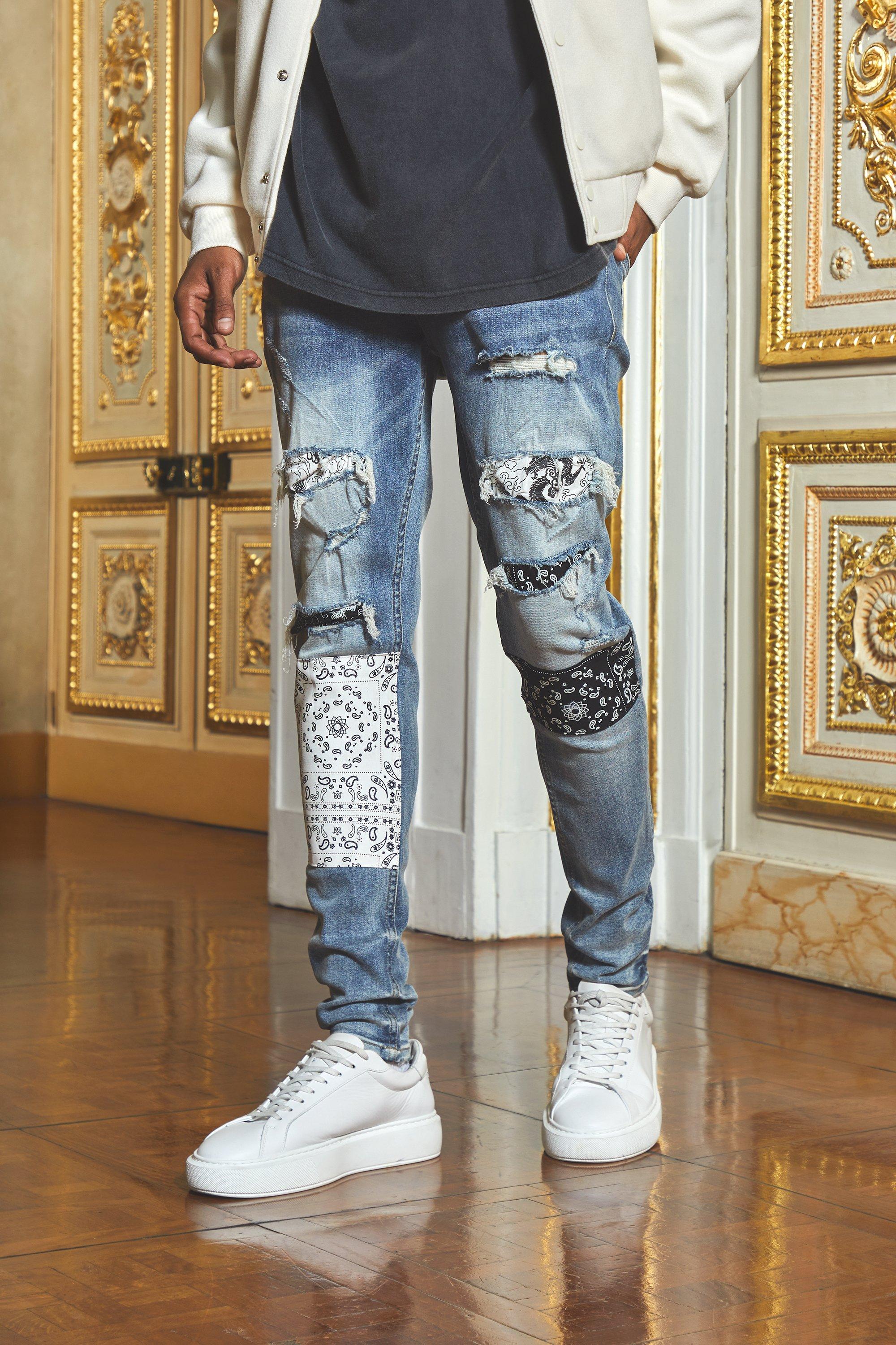 Skinny Rigid Bandana Rip Jeans with Chain