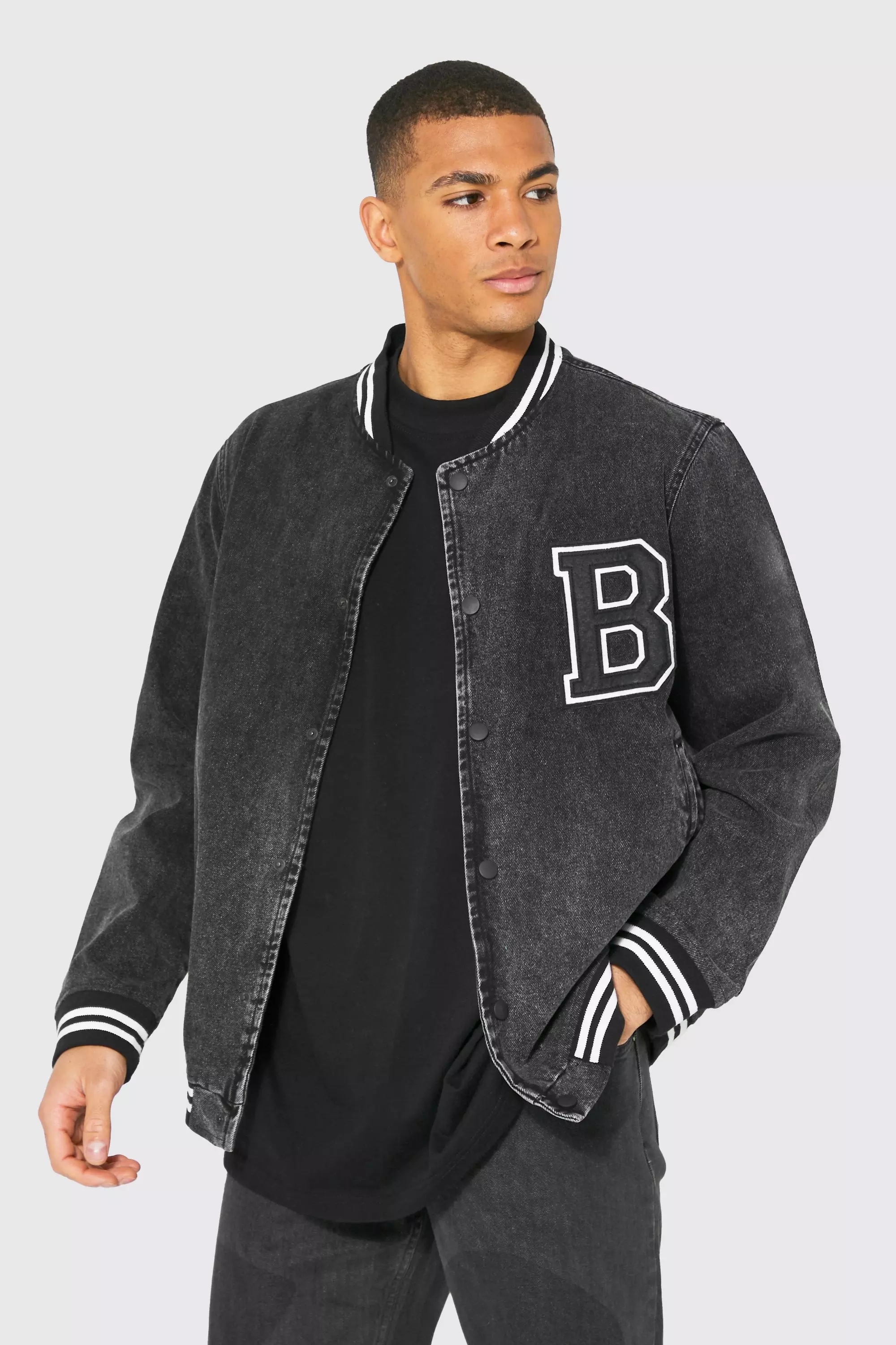 Oversized Denim Varsity Jacket boohooMAN