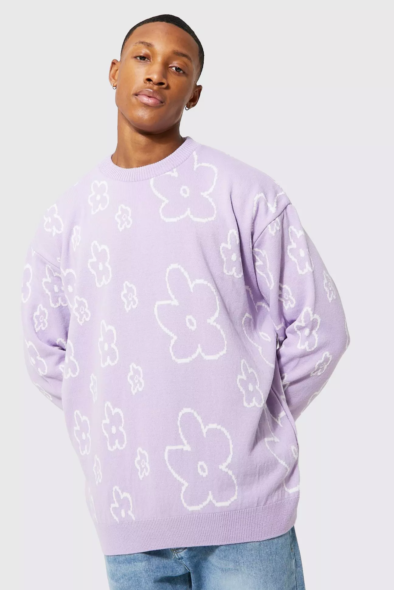 Oversized Knitted Floral Drop Shoulder Jumper boohooMAN