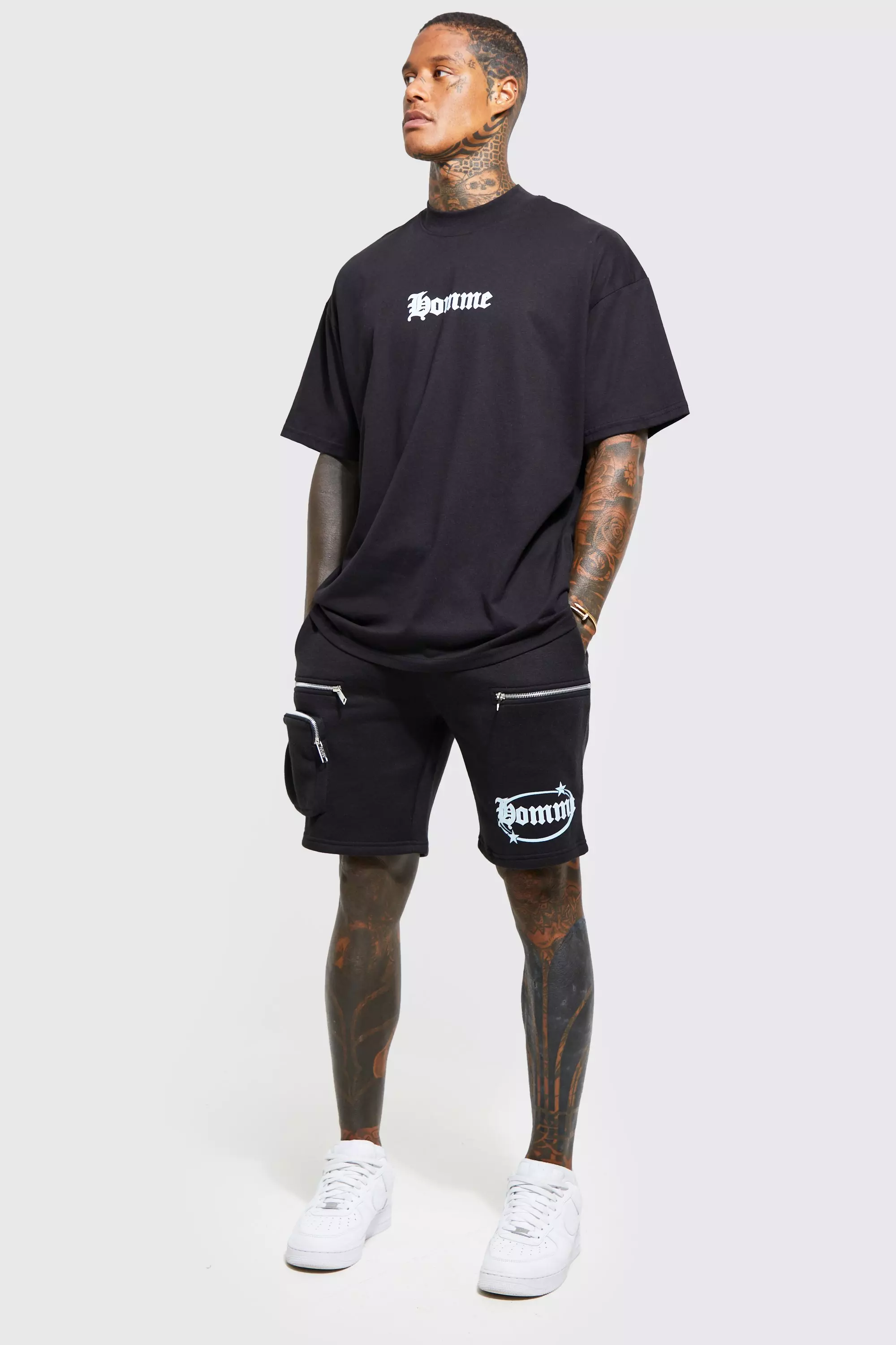 Black Oversized Homme T-shirt & Cargo Short Set alternative image