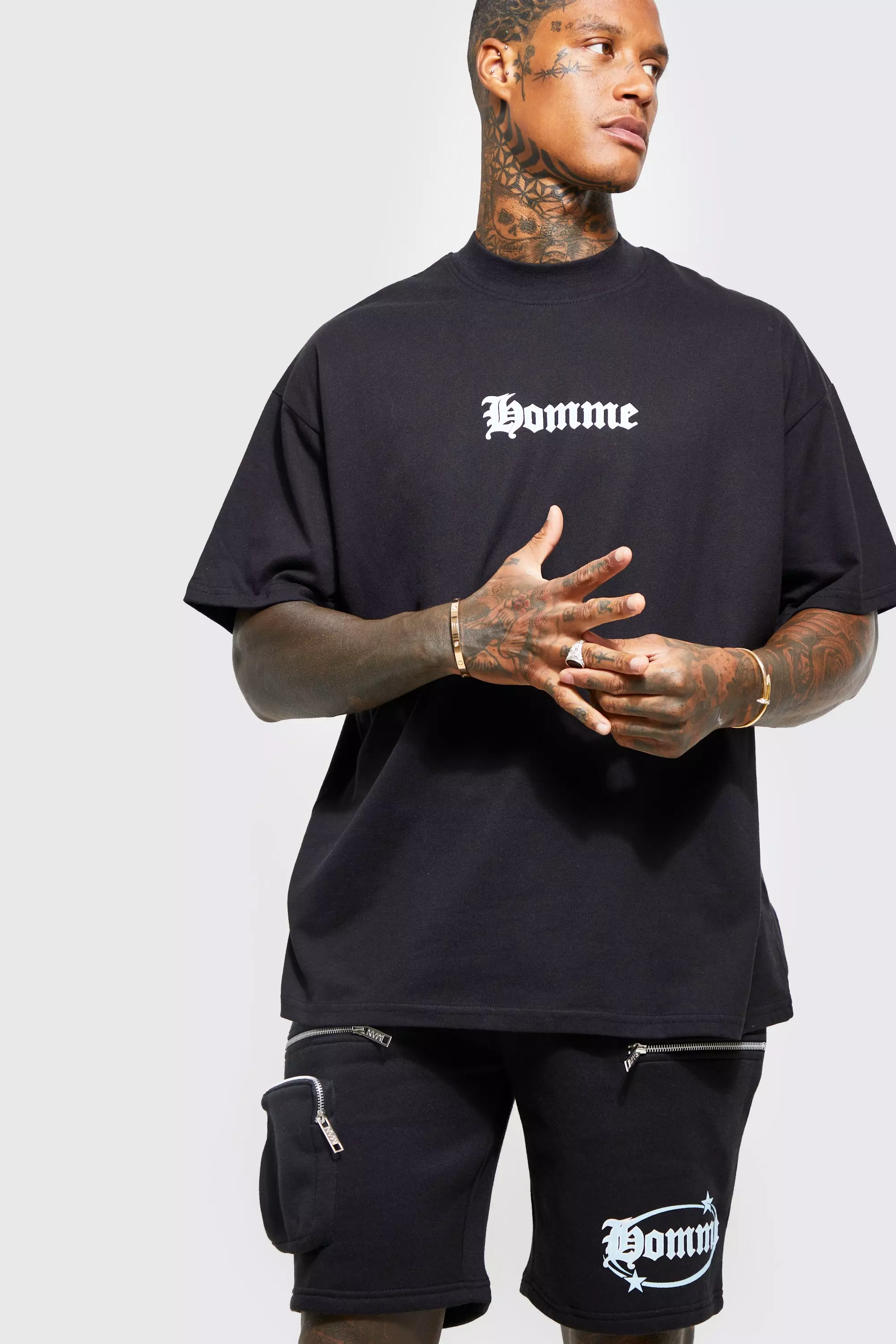 Black Oversized Homme T-shirt & Cargo Short Set alternative image