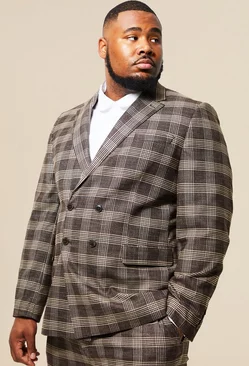Brown Plus Double Breasted Slim Check Suit Jacket