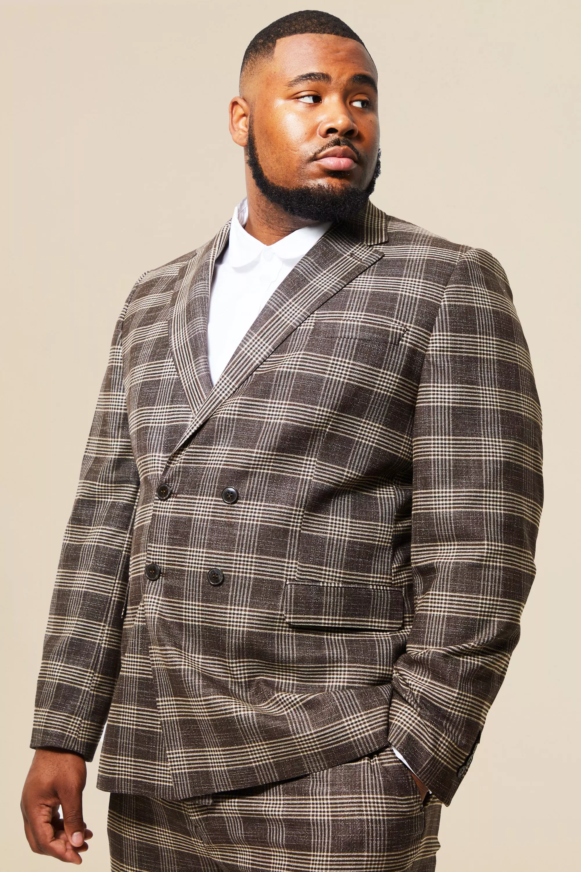 Plus Double Breasted Slim Check Suit Jacket Brown