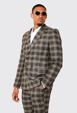 Tall Double Breasted Slim Check Suit Jacket Brown