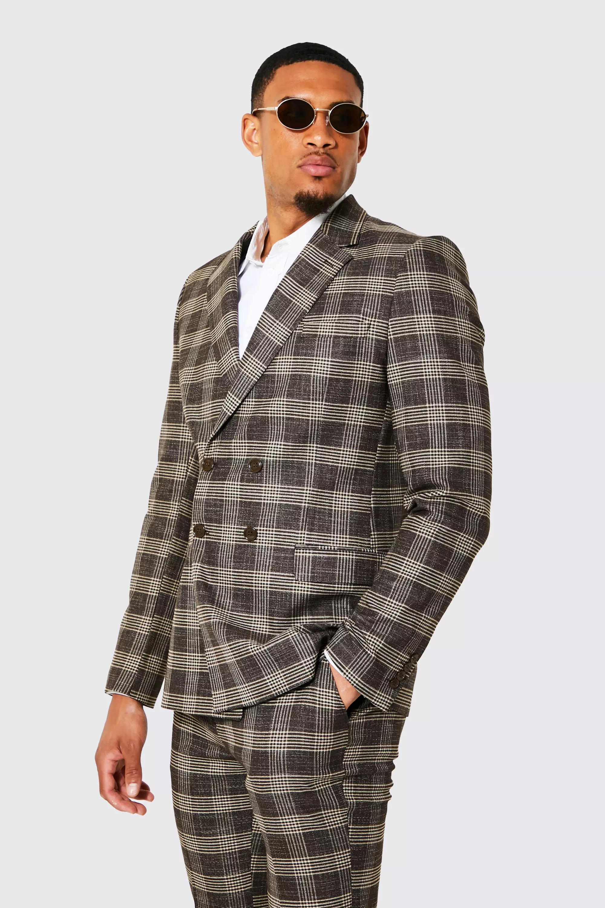 Brown Tall Double Breasted Slim Check Suit Jacket