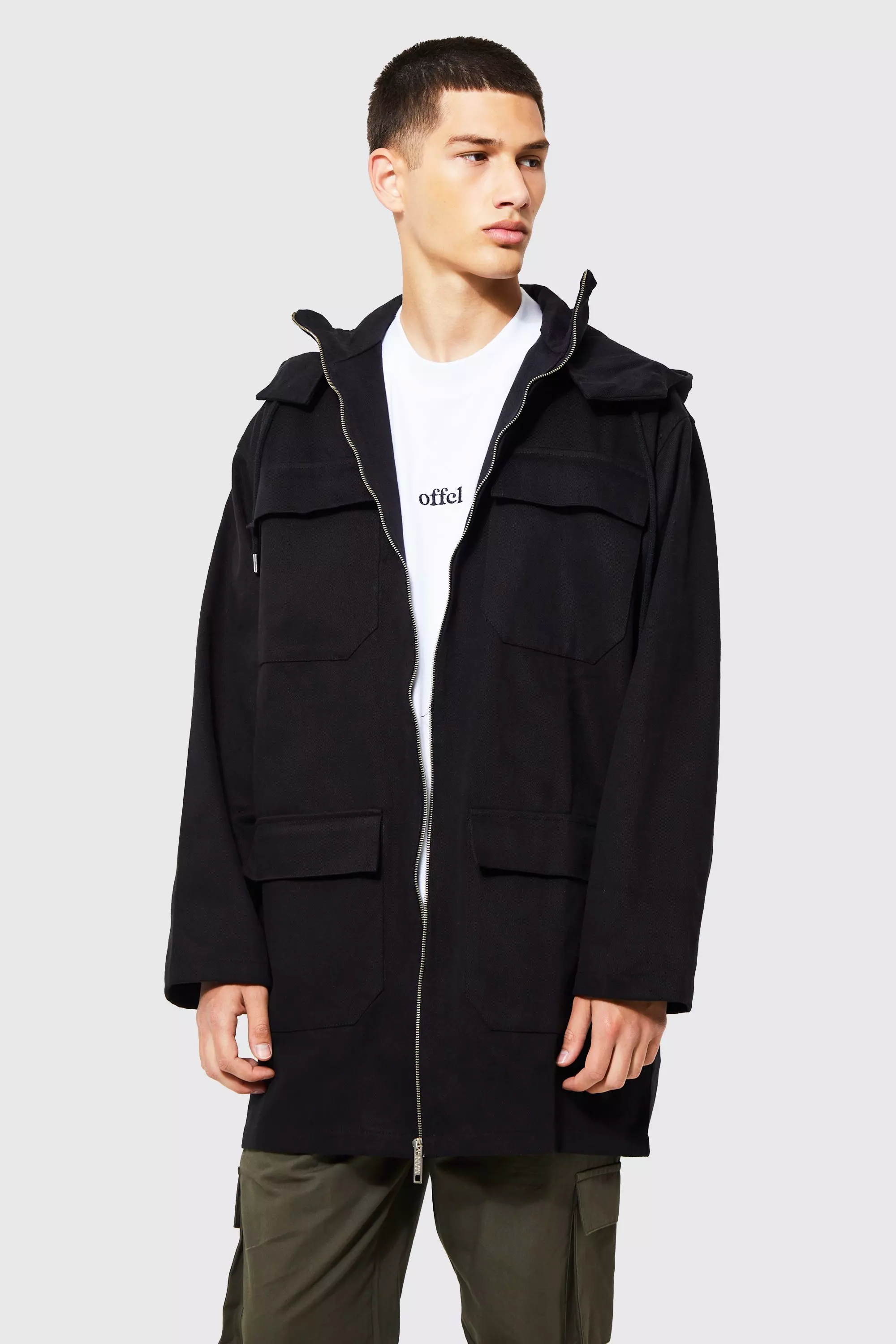 Twill Cargo Longline Parka boohooMAN UK