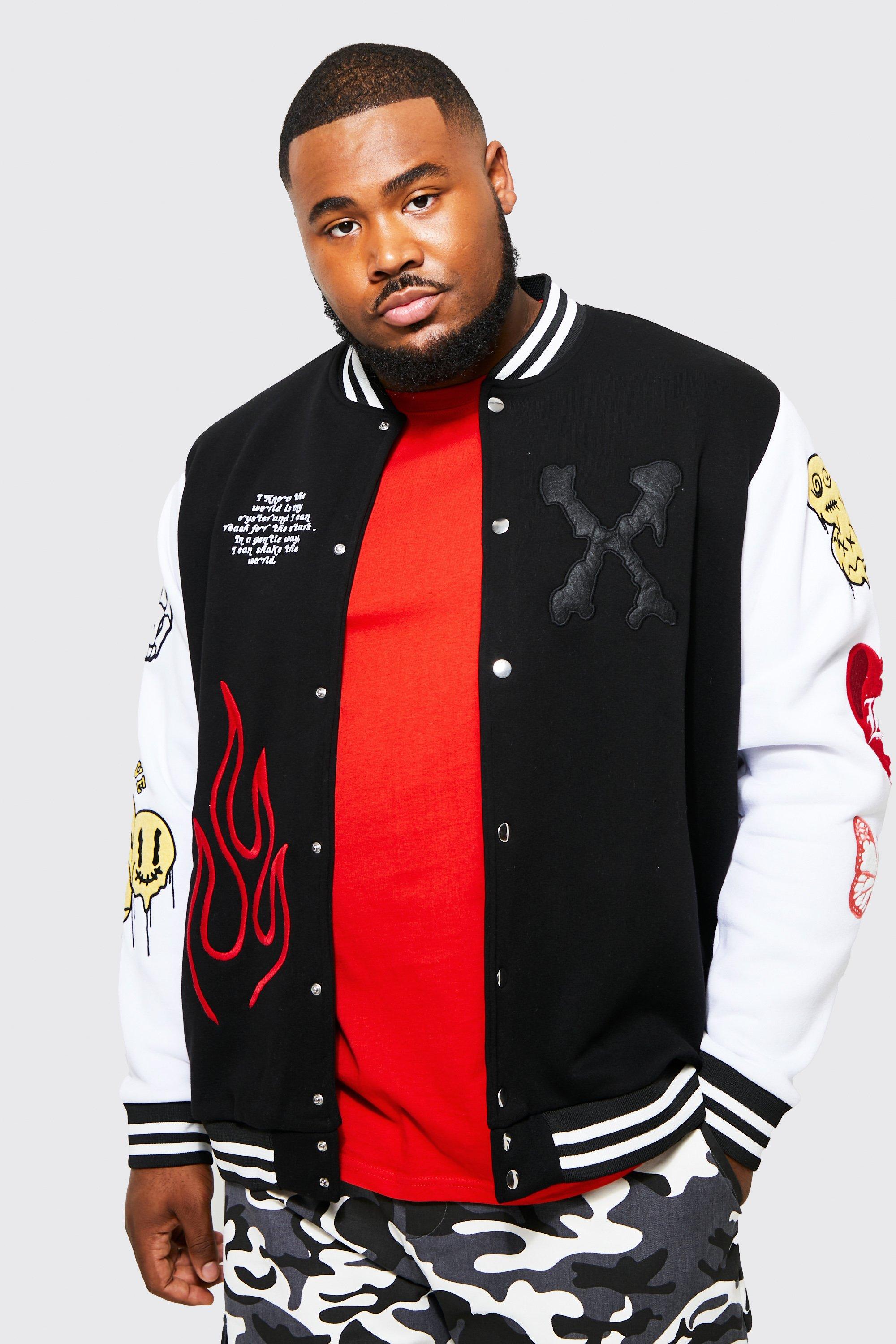 BoohooMAN Plus Red and White Cotton Jersey Bomber Varsity Jacket with Badges