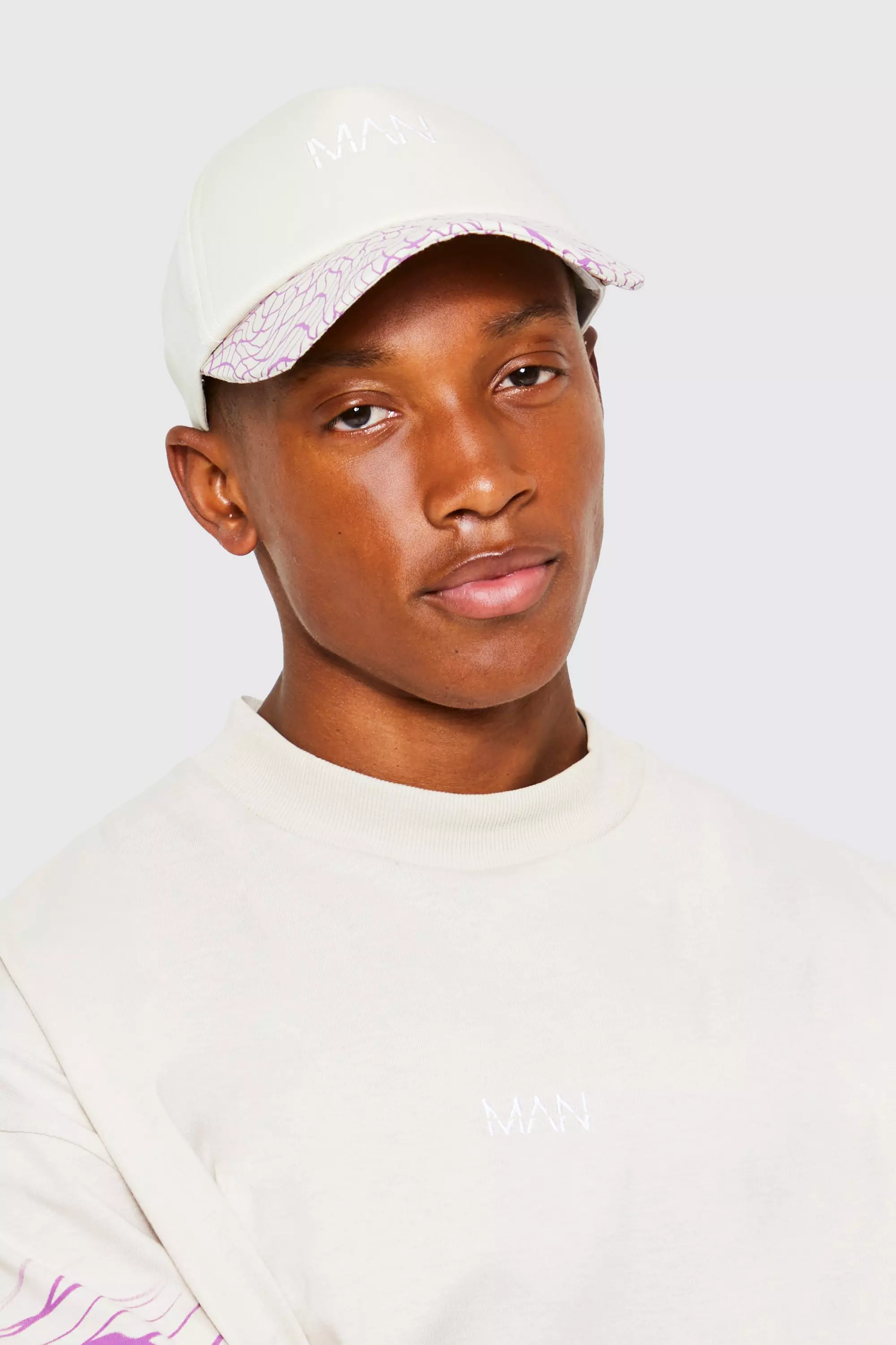 Warped Grid Print Baseball Cap boohooMAN UK