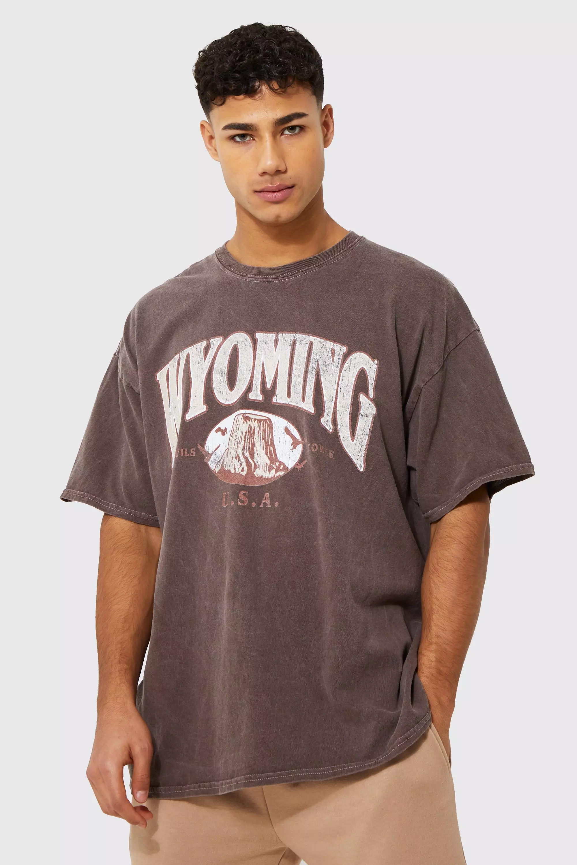 Oversized Washed Wyoming Print T-shirt | boohooMAN USA