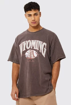Chocolate Brown Oversized Washed Wyoming Print T-shirt