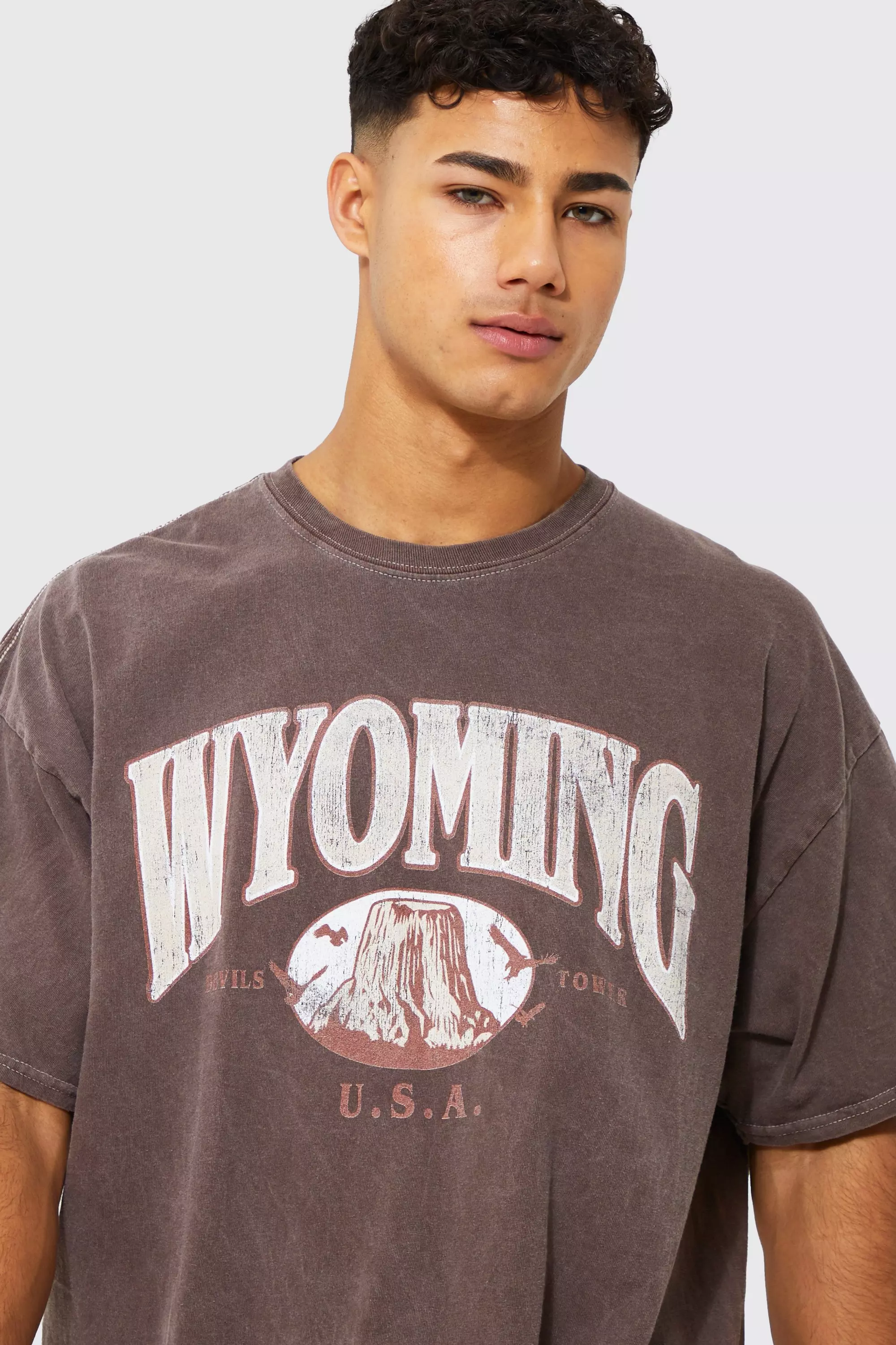 Oversized Washed Wyoming Print T-shirt | boohooMAN USA