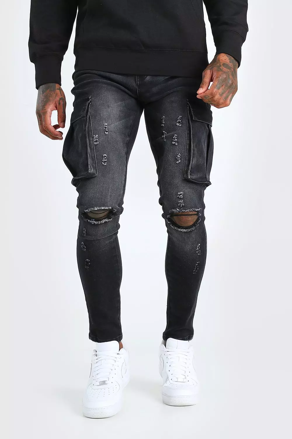 Black Super Skinny Cargo Jean With Knee Rips