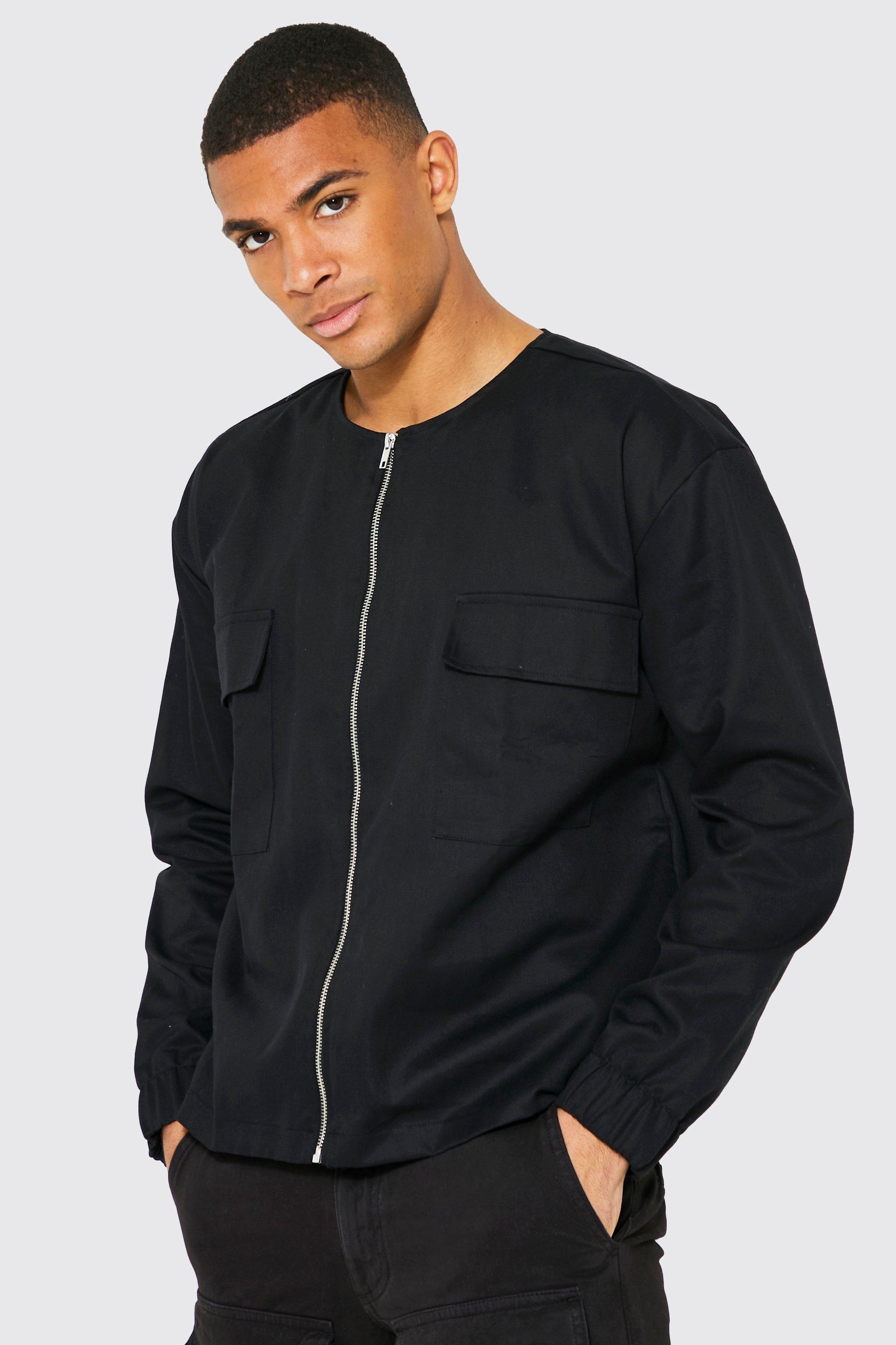 Collarless Twill Jacket | boohooMAN USA