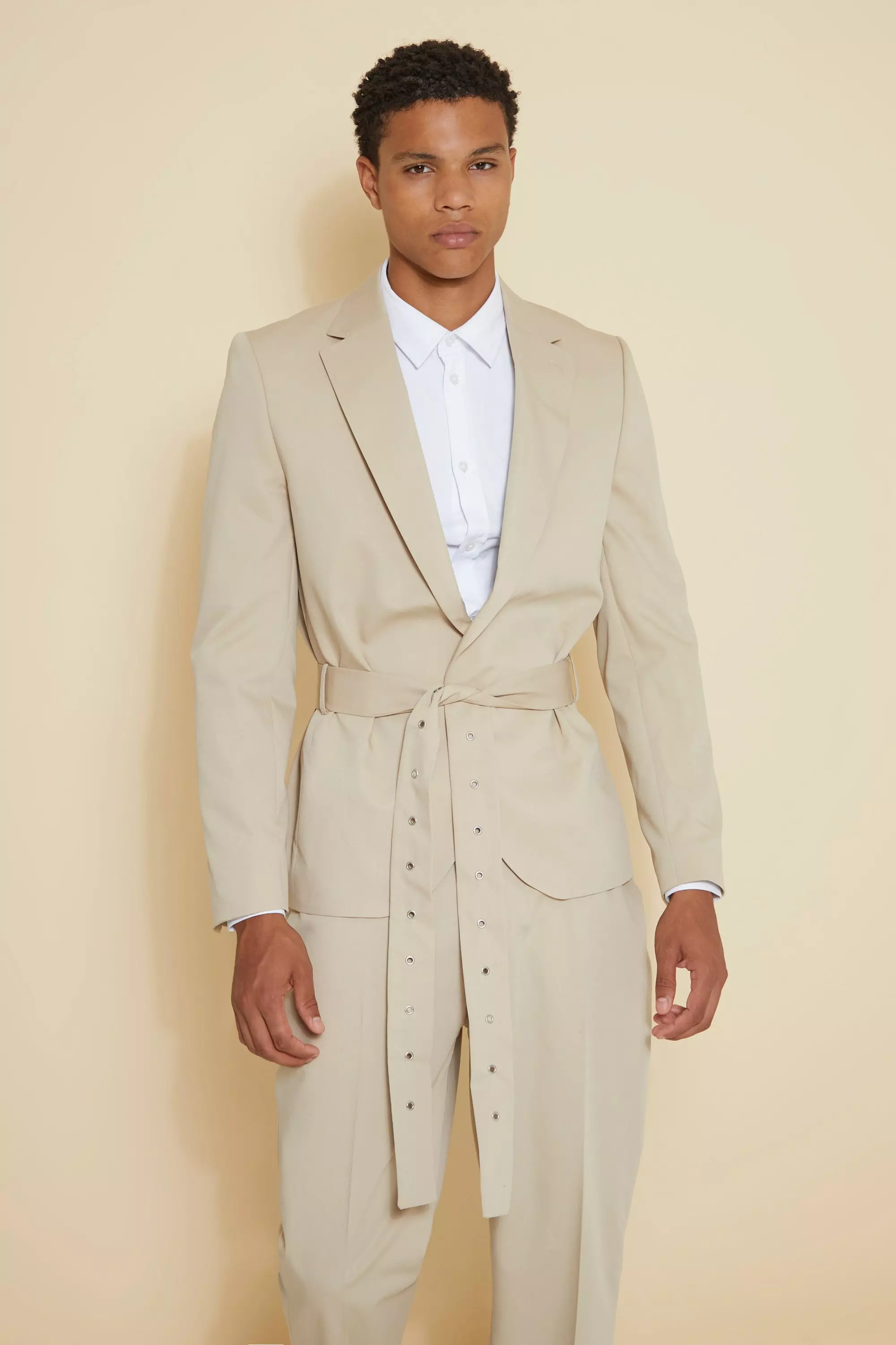 Beige Relaxed Single Breasted Belted Suit Jacket alternative image