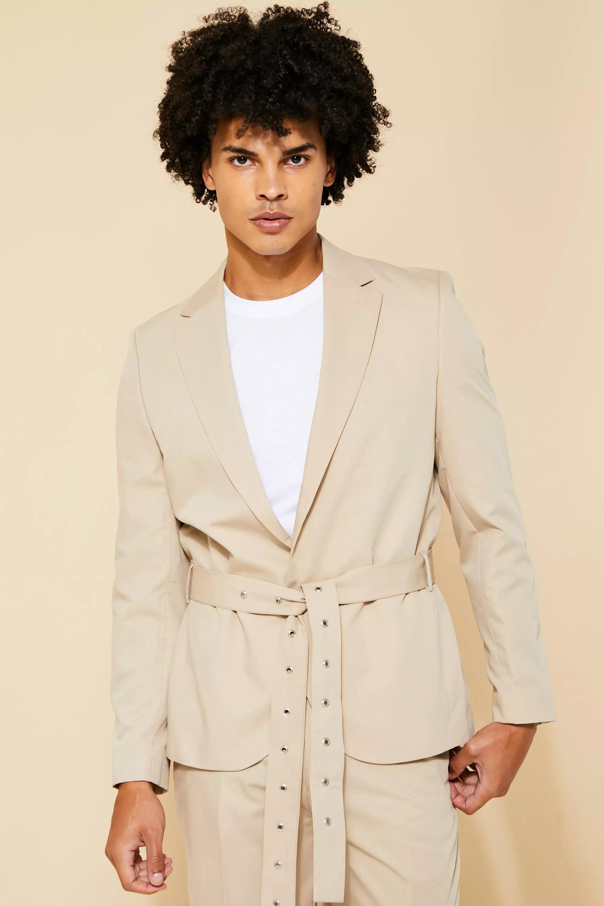 Beige Relaxed Single Breasted Belted Suit Jacket alternative image