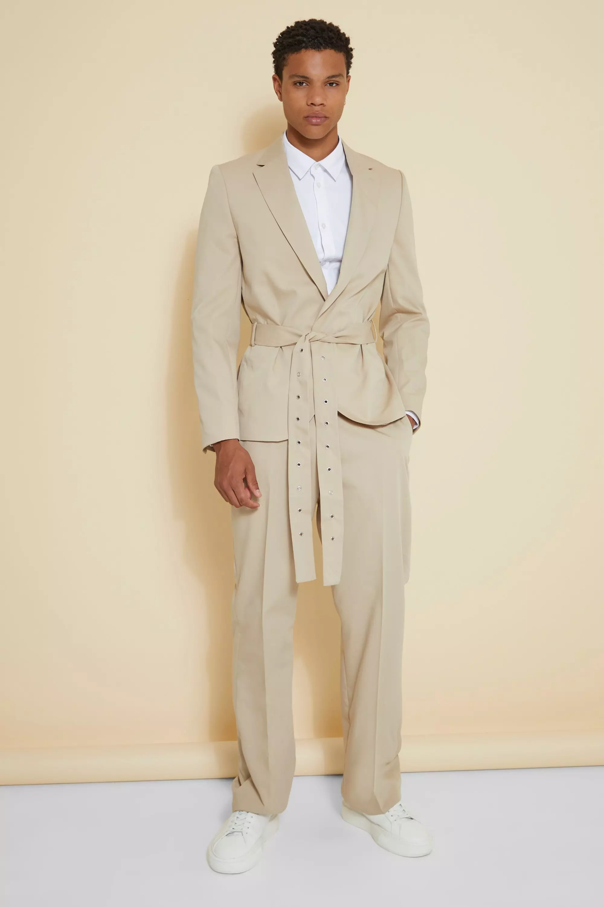 Beige Relaxed Single Breasted Belted Suit Jacket alternative image