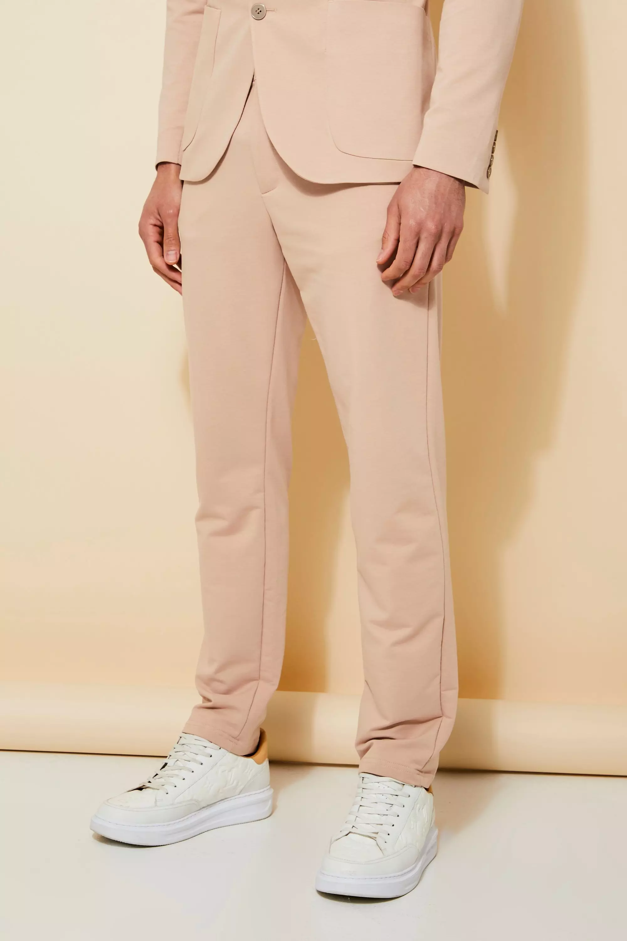 BEIGE JERSEY SLIM SUIT JACKET AND TROUSERS