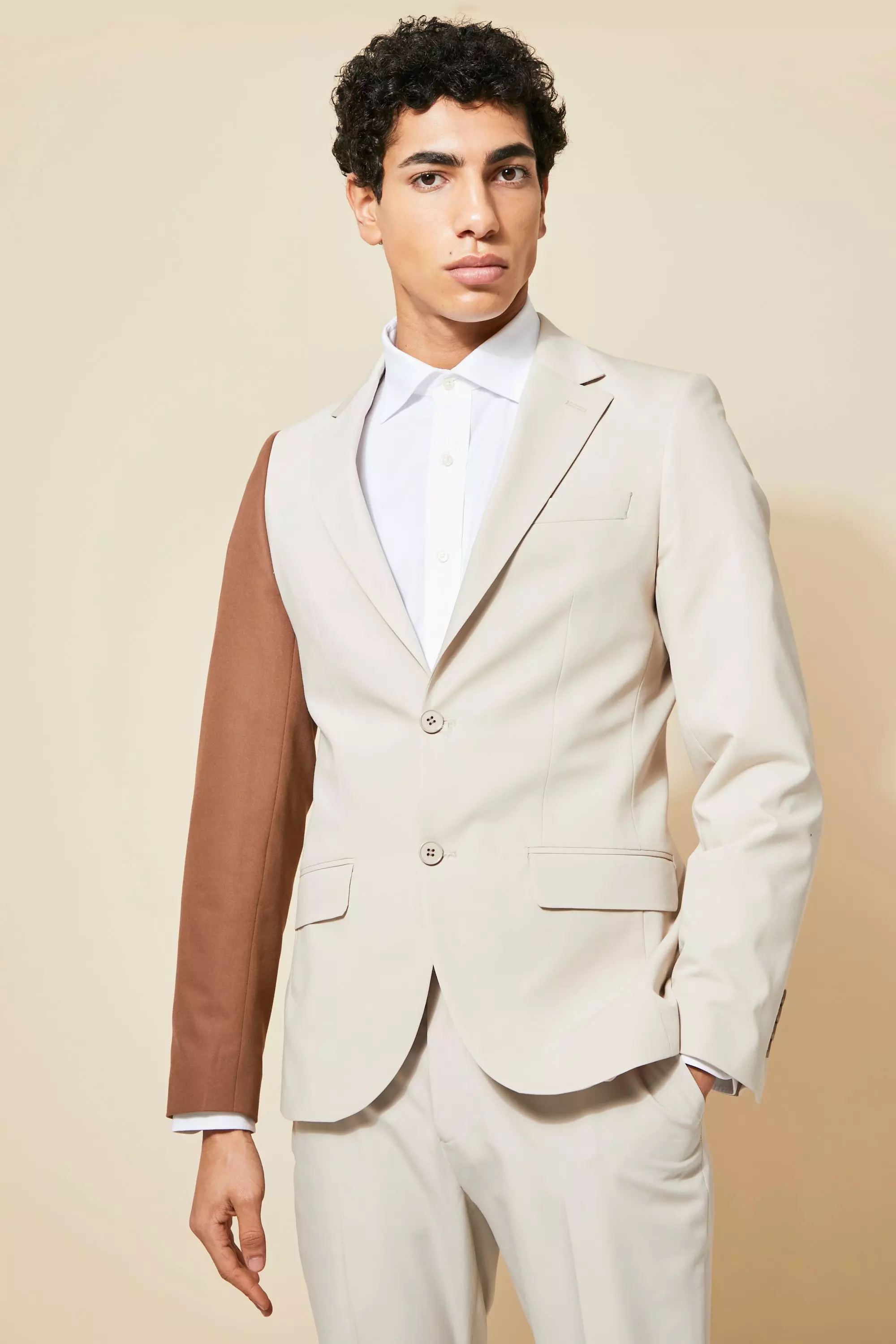 Single Breasted Spliced Skinny Suit Jacket Beige