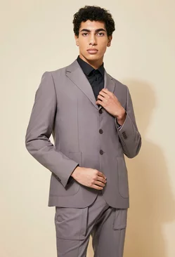 Taupe Beige Single Breasted Patch Pocket Slim Suit Jacket