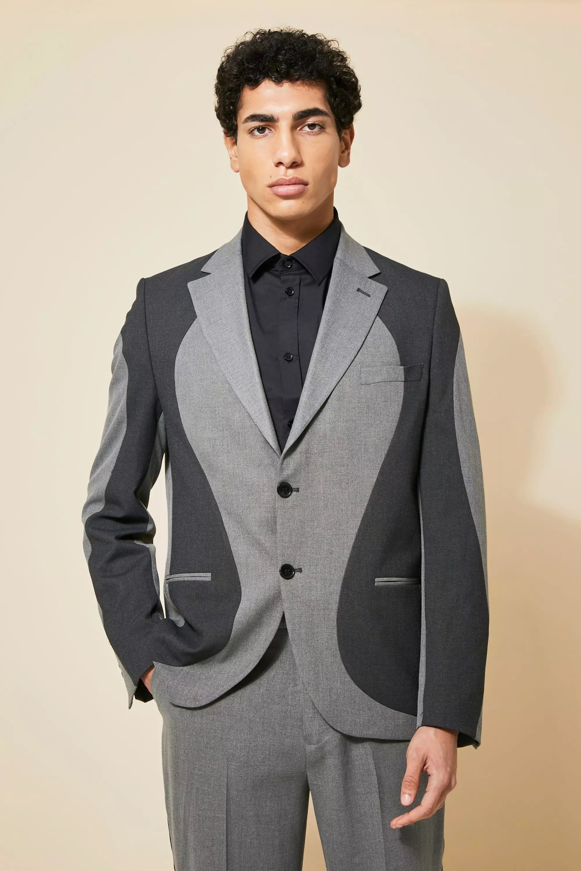 Single Breasted Relaxed Spliced Suit Jacket Grey