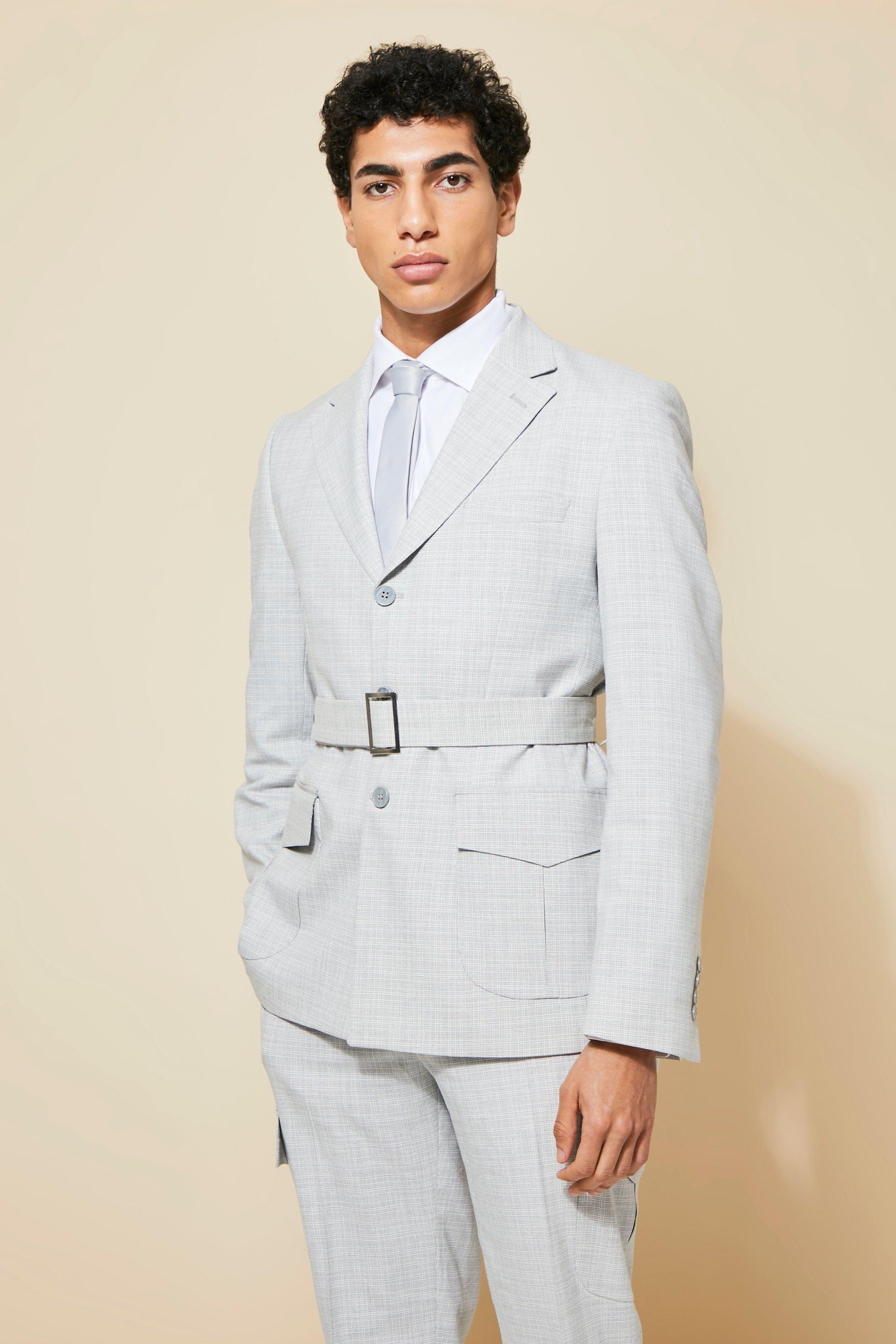 Single Breasted Check Belted Suit Jacket | boohooMAN USA