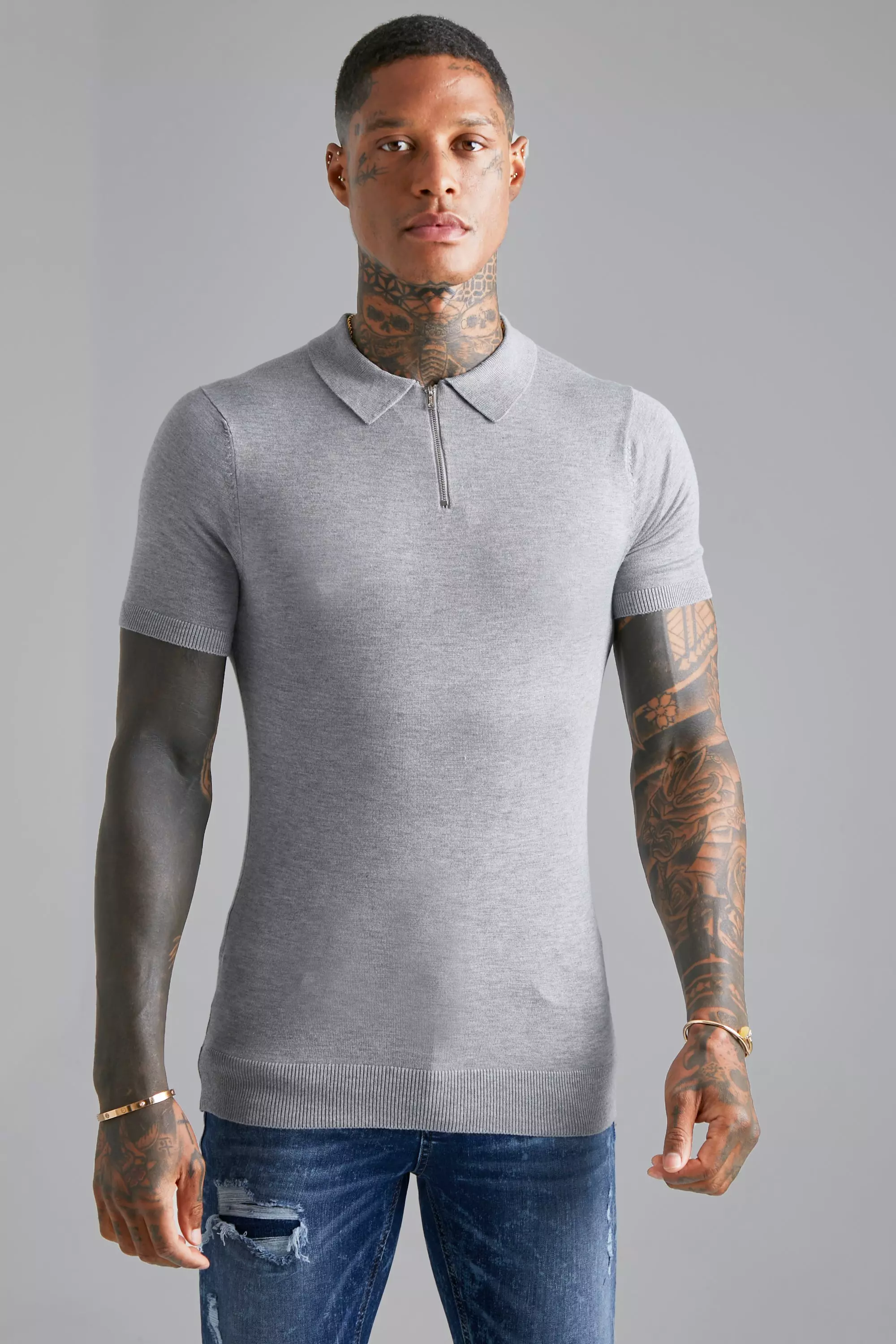 Muscle Short Sleeve Half Zip Polo Grey marl