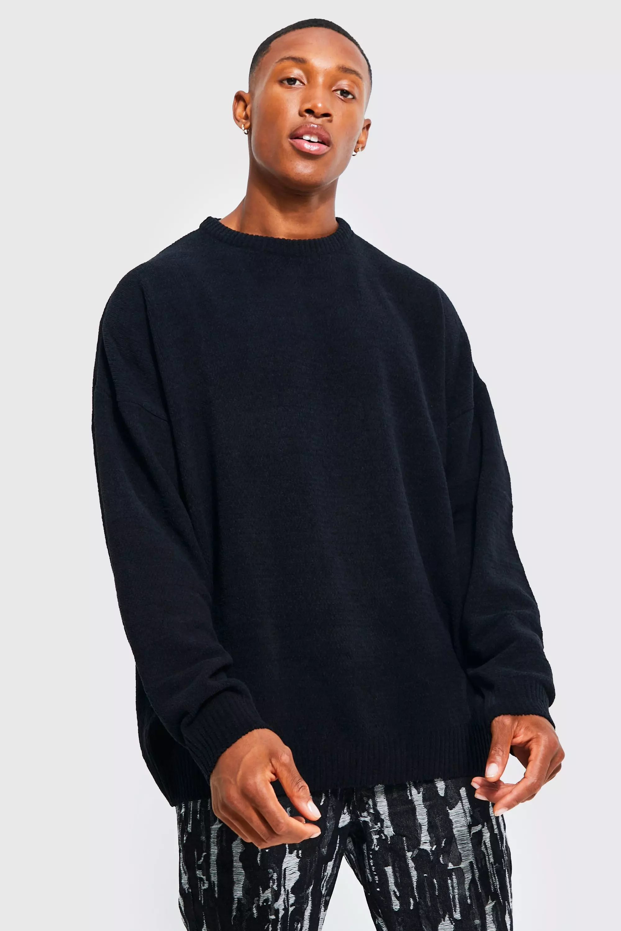 Black Oversized Chenille Crew Neck Sweater