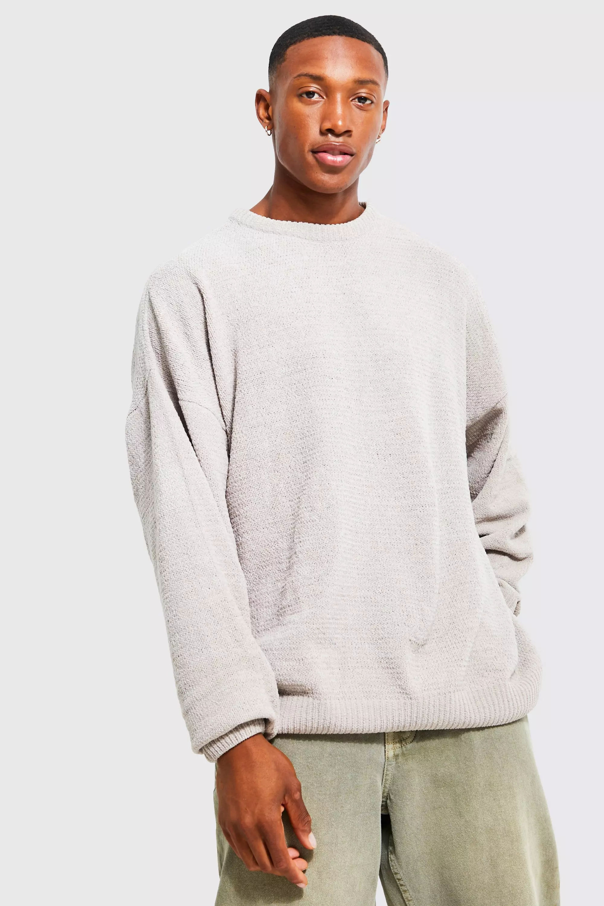 Oversized Chenille Crew Neck Sweater Taupe