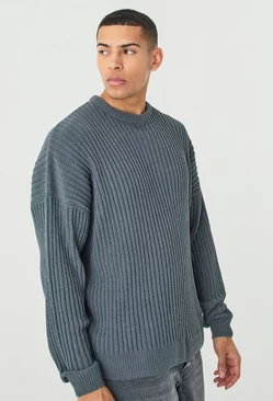 Oversized Ribbed Chenille Crew Neck Sweater Charcoal