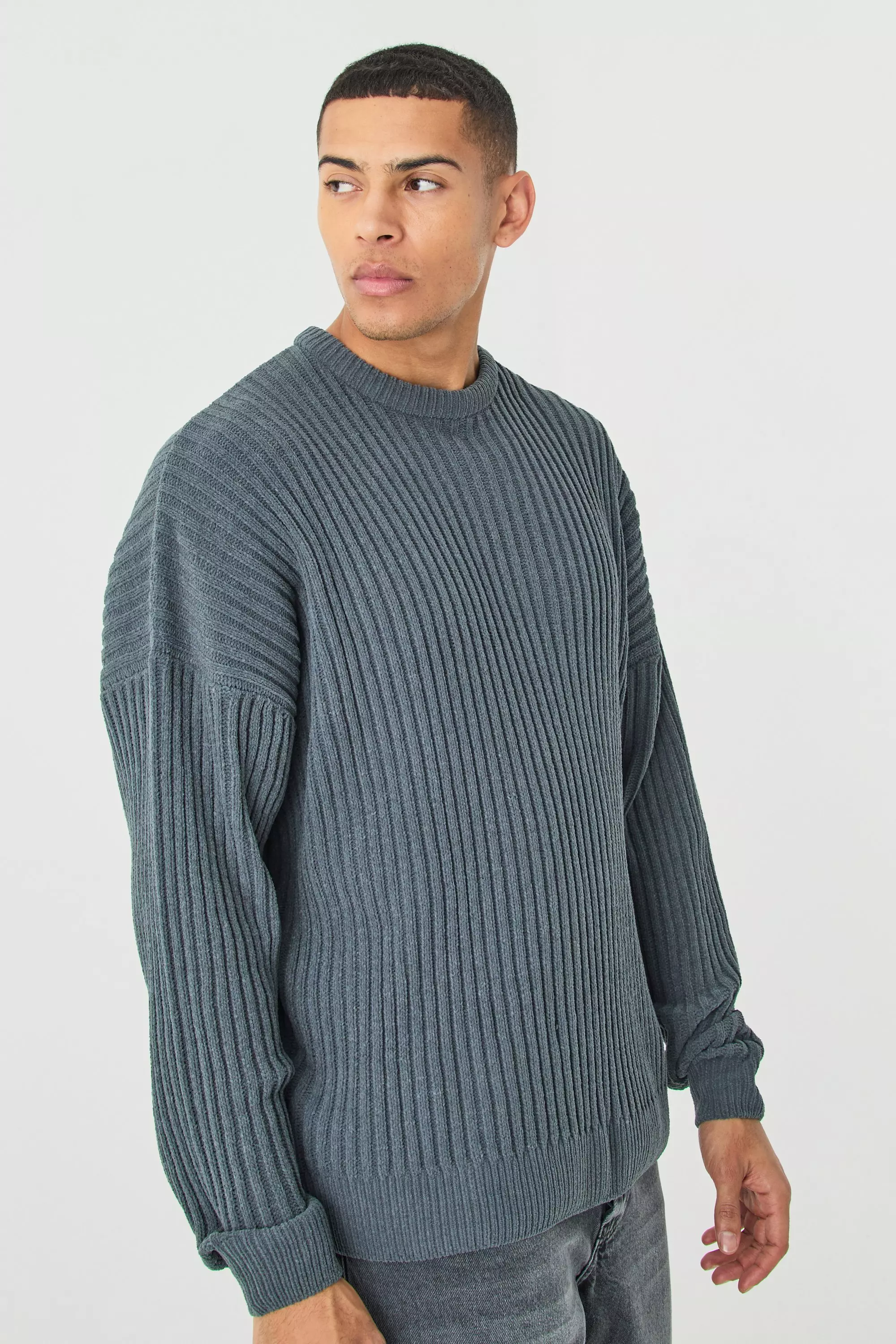 Charcoal Grey Oversized Ribbed Chenille Crew Neck Sweater