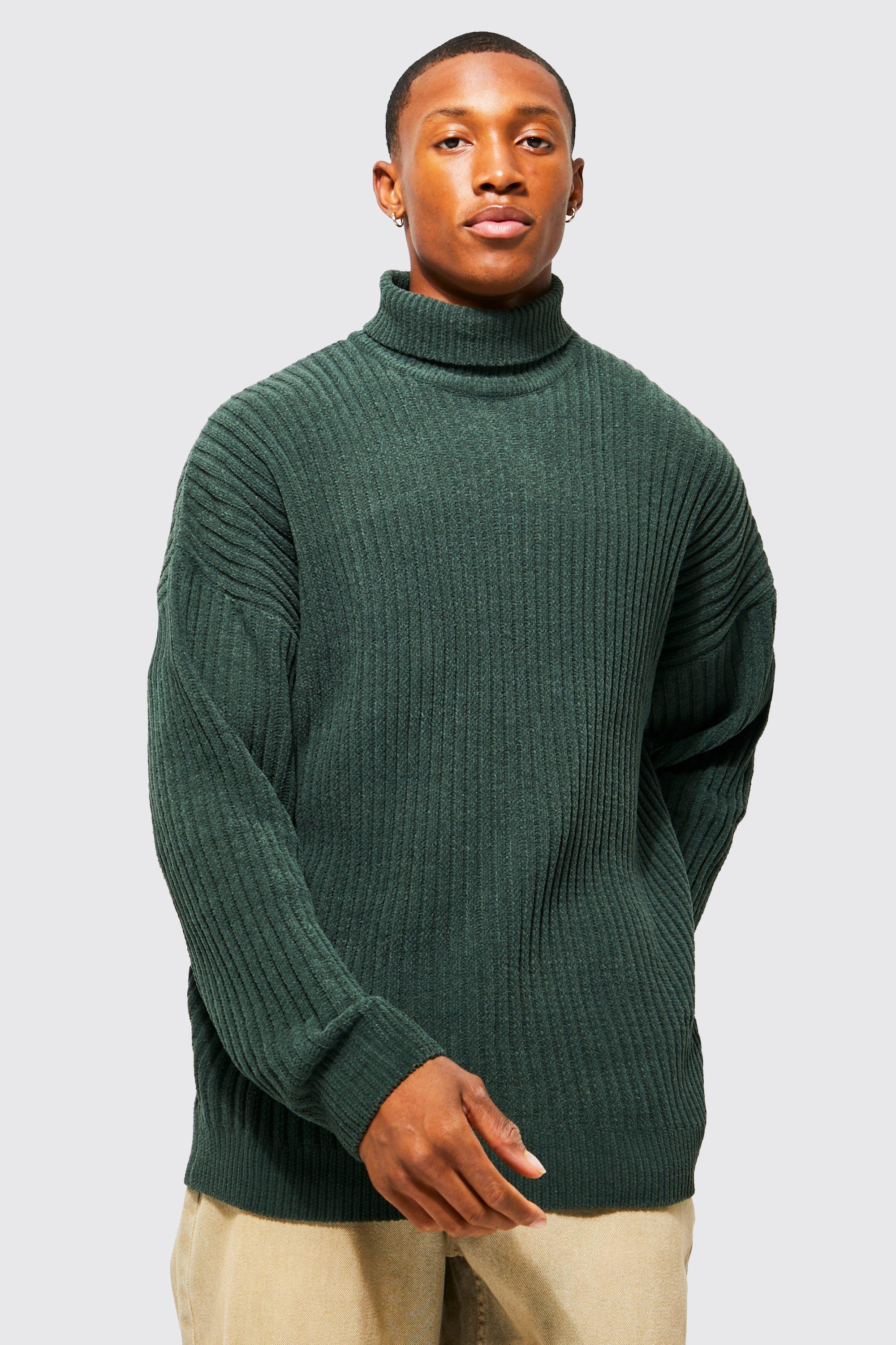 Oversized Roll Neck Chenille Ribbed Sweater | boohooMAN USA