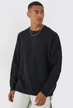 Black Oversized Brushed Yarn Crew Neck Sweater