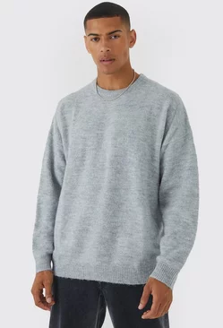 Grey Oversized Brushed Yarn Crew Neck Sweater